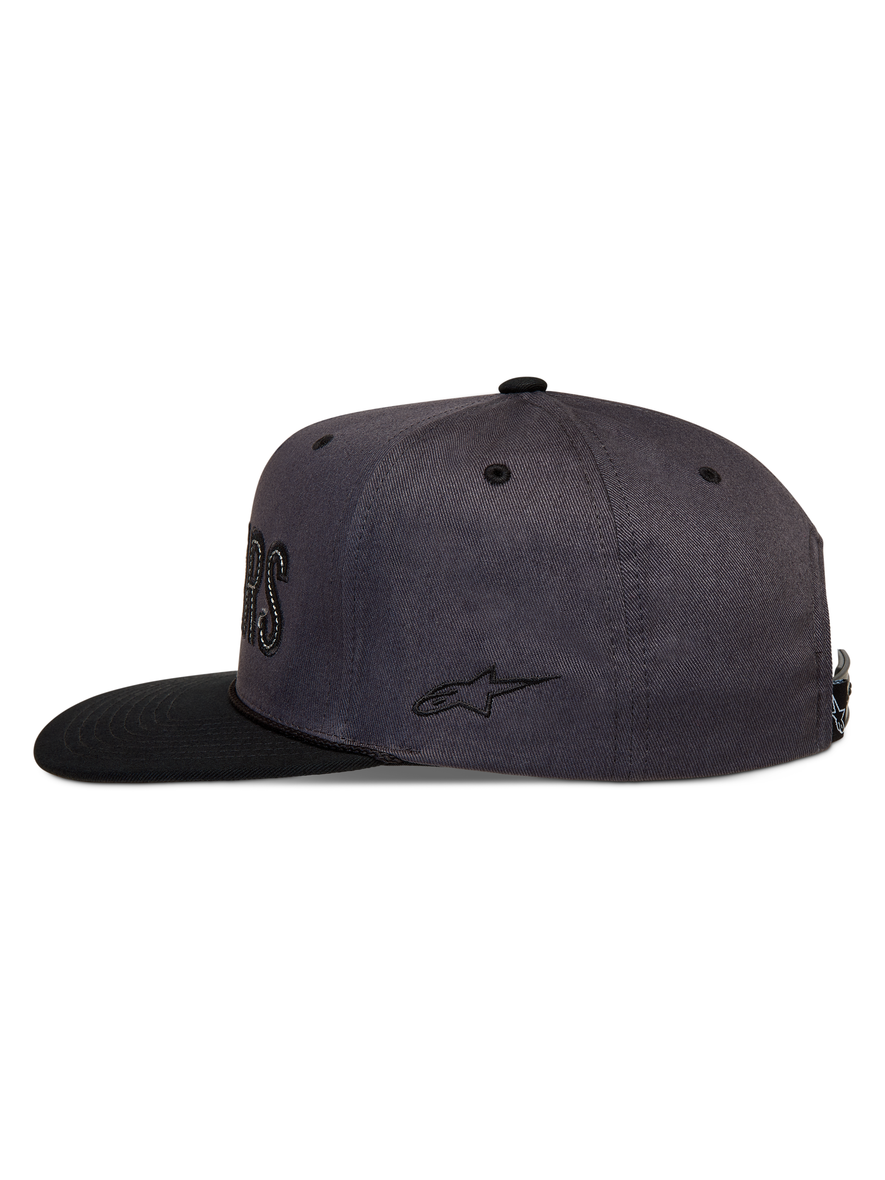 Alpinestars Stadium Snapback kasket, mørkegrå og sort sportskasket med flad skygge, struktureret krone og broderet Astars-logo på siden.