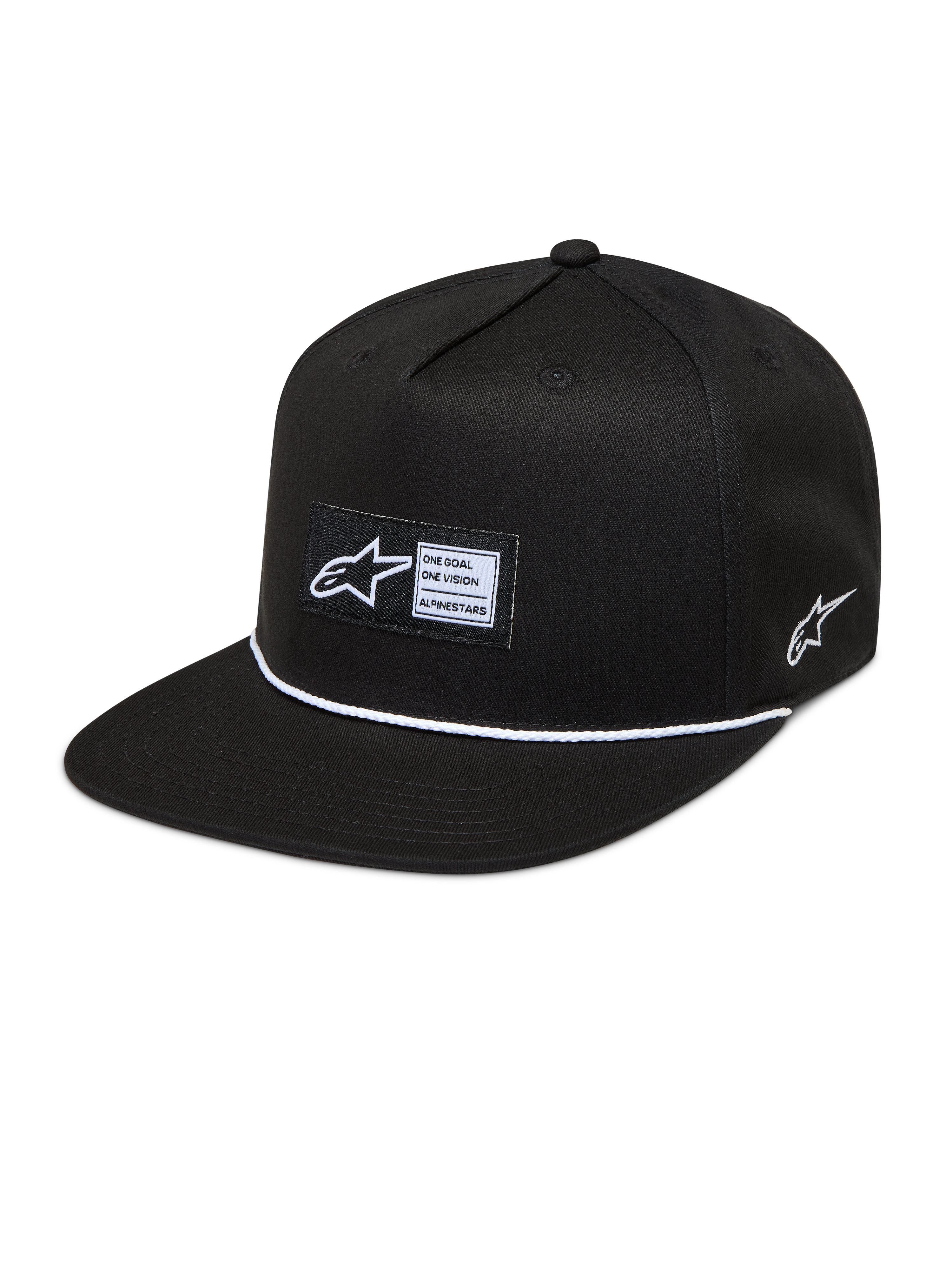 Alpinestars Label Snapback Hat, sort kasket med flad skygge, hvid snordetalje og vævet mærke, afslappet motorsportstøj.