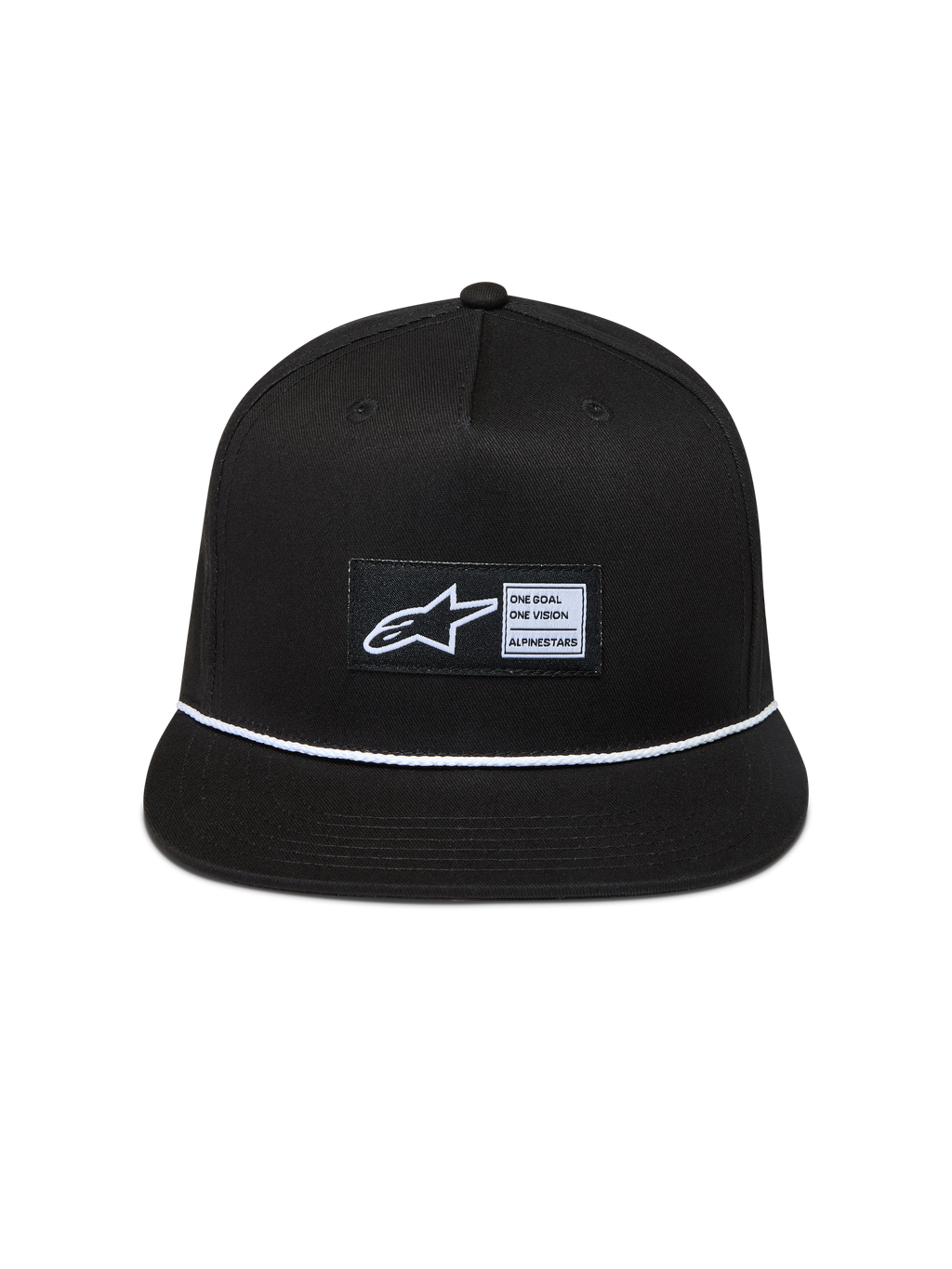 Alpinestars Label snapback-kasket, sort twill med flad skygge, hvid flettet snor og vævet Astars-logo.