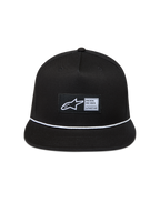 Alpinestars Label snapback-kasket, sort twill med flad skygge, hvid flettet snor og vævet Astars-logo.