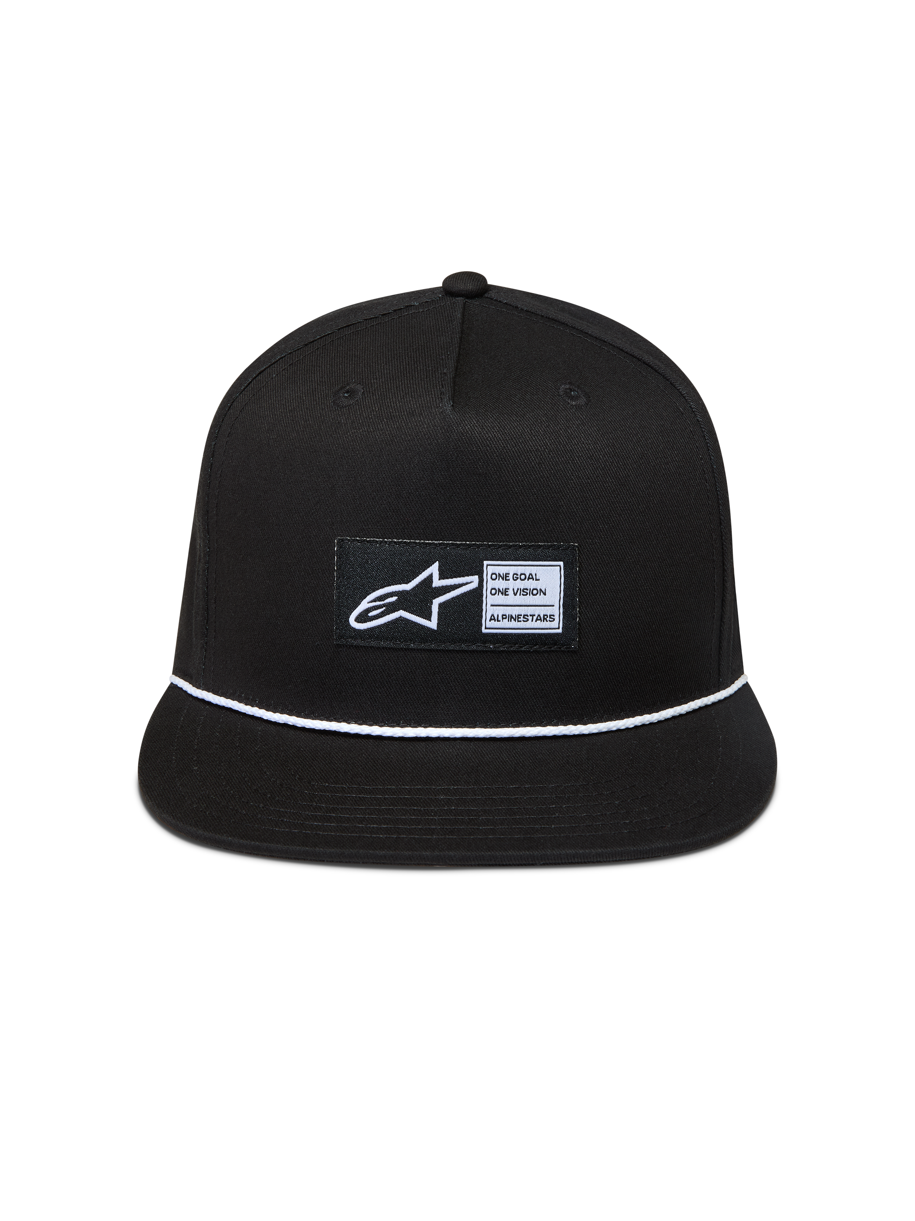 Alpinestars Label snapback-kasket, sort twill med flad skygge, hvid flettet snor og vævet Astars-logo.