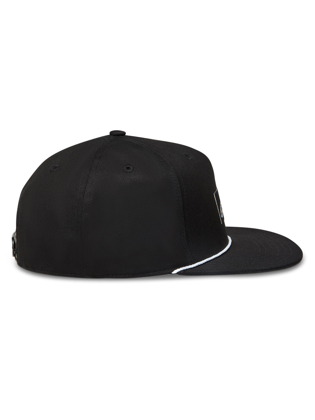 Alpinestars Label Snapback Hat, sort sportskasket med flad skygge, struktureret krone og hvid snordetalje, set fra siden.