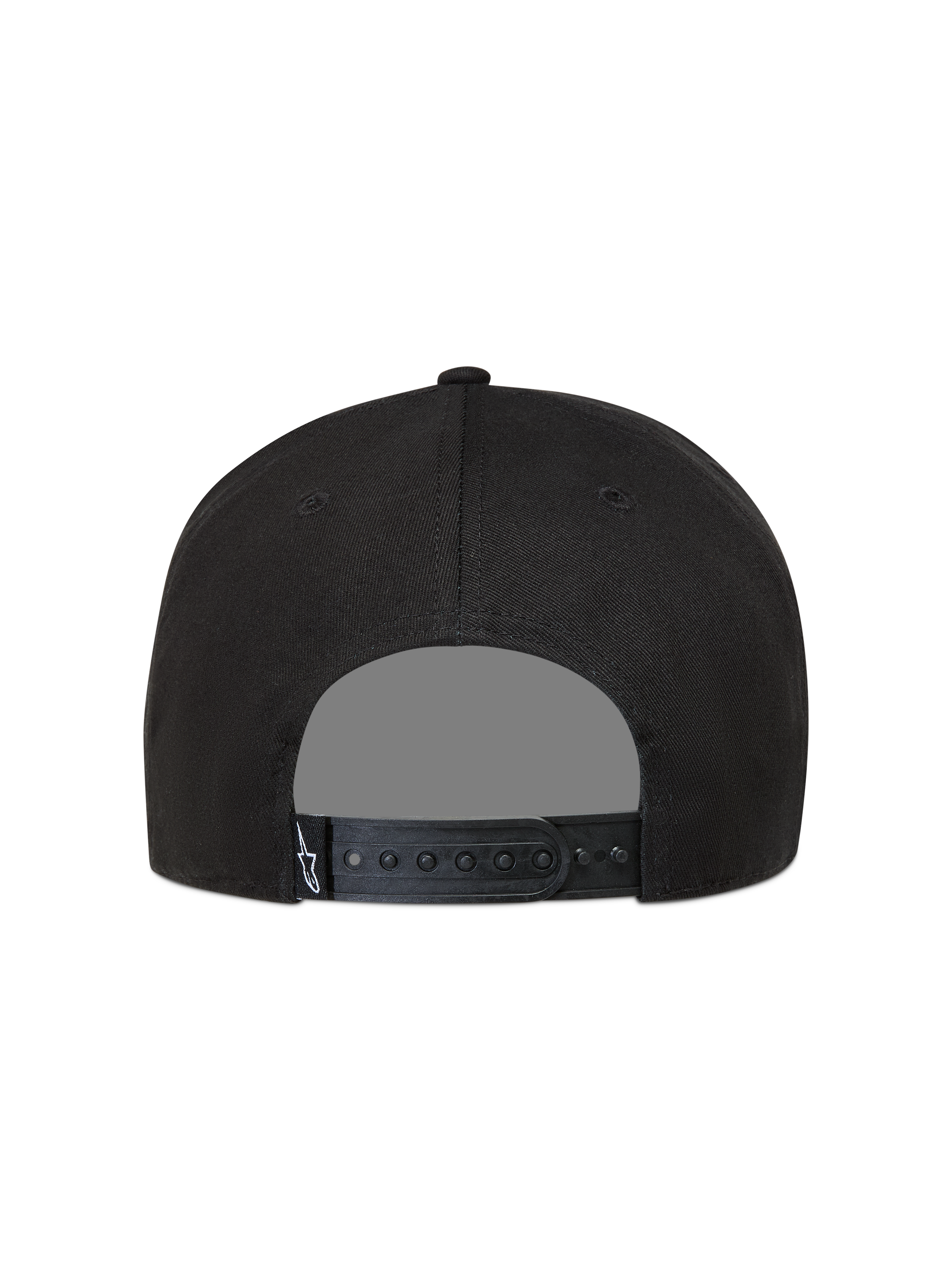 Alpinestars Label Snapback Hat, sort kasket set bagfra med justerbar snapback-rem og hvidt Astars-logomærke.