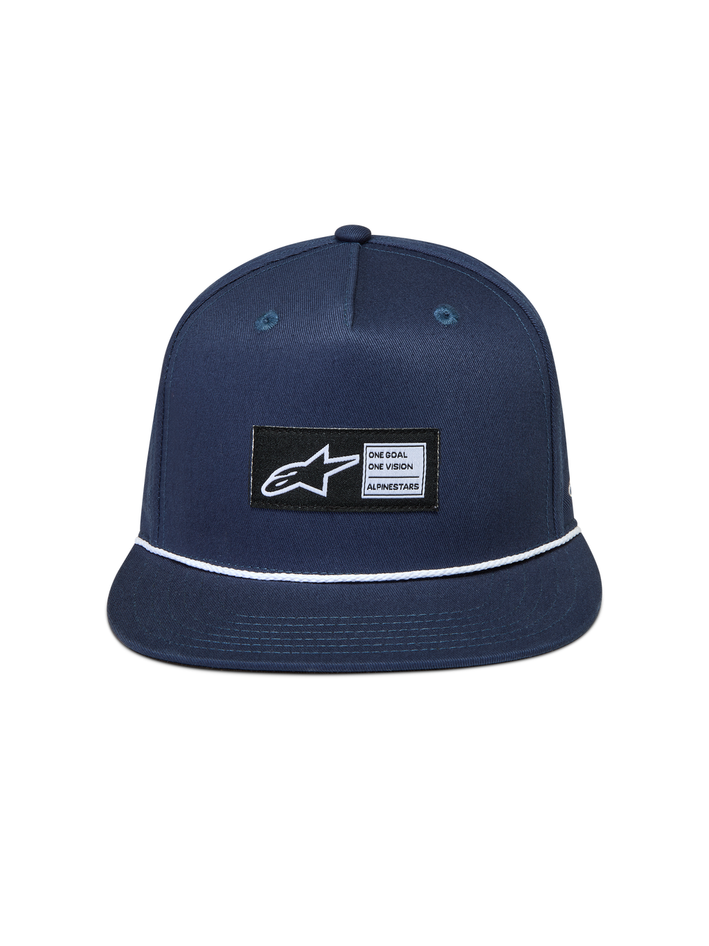 Alpinestars Label Snapback Hat, navy blue twill cap with flat bill and white rope detail, featuring a woven logo patch.