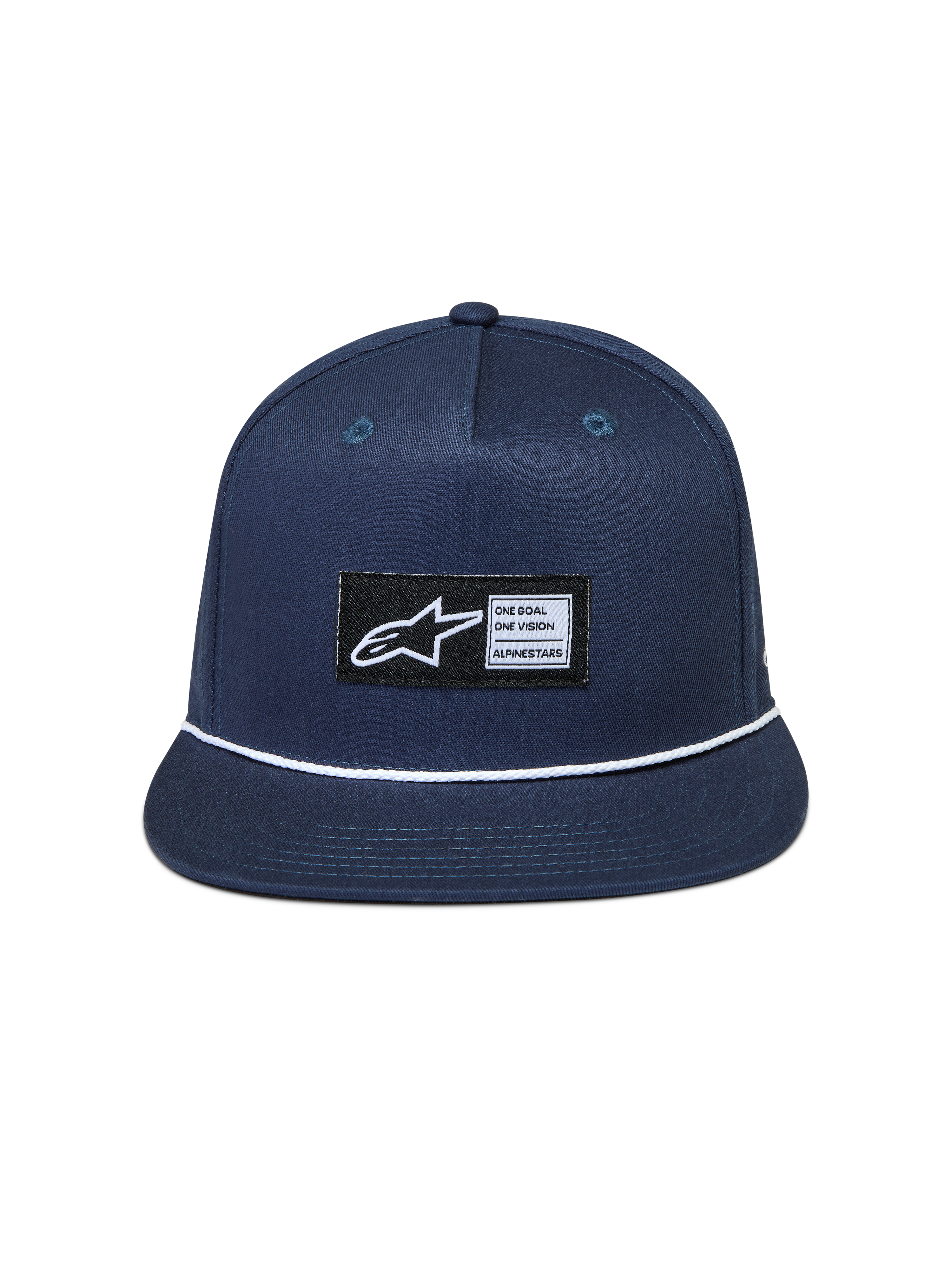 Alpinestars Label Snapback Hat, navy blue twill cap with flat bill and white rope detail, featuring a woven logo patch.