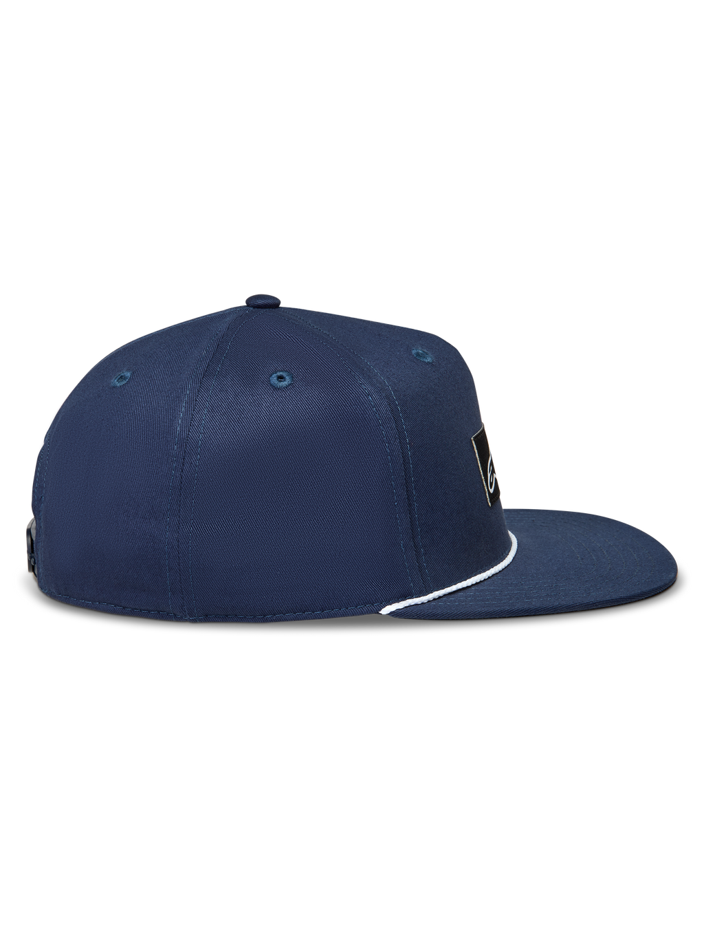 Alpinestars Label Snapback Hat, Navy Blue Twill Sportswear Cap, Side View with Flat Bill and White Rope Detail.