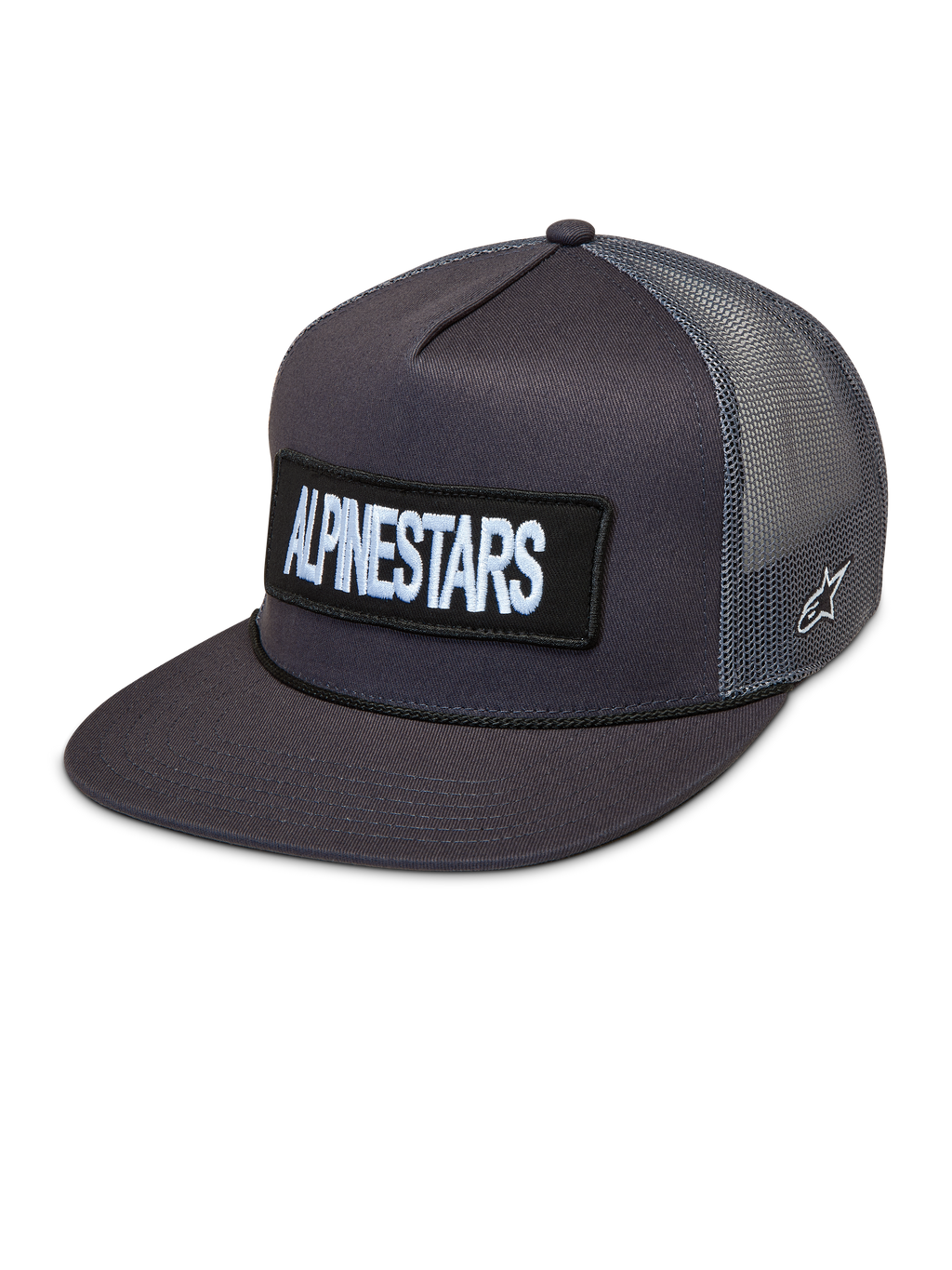 Alpinestars Ten Trucker kasket, mørkegrå med flad skygge, broderet logopatch og åndbare mesh-paneler.