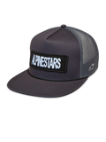 Alpinestars Ten Trucker kasket, mørkegrå med flad skygge, broderet logopatch og åndbare mesh-paneler.