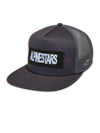 Alpinestars Ten Trucker kasket, mørkegrå med flad skygge, broderet logopatch og åndbare mesh-paneler.