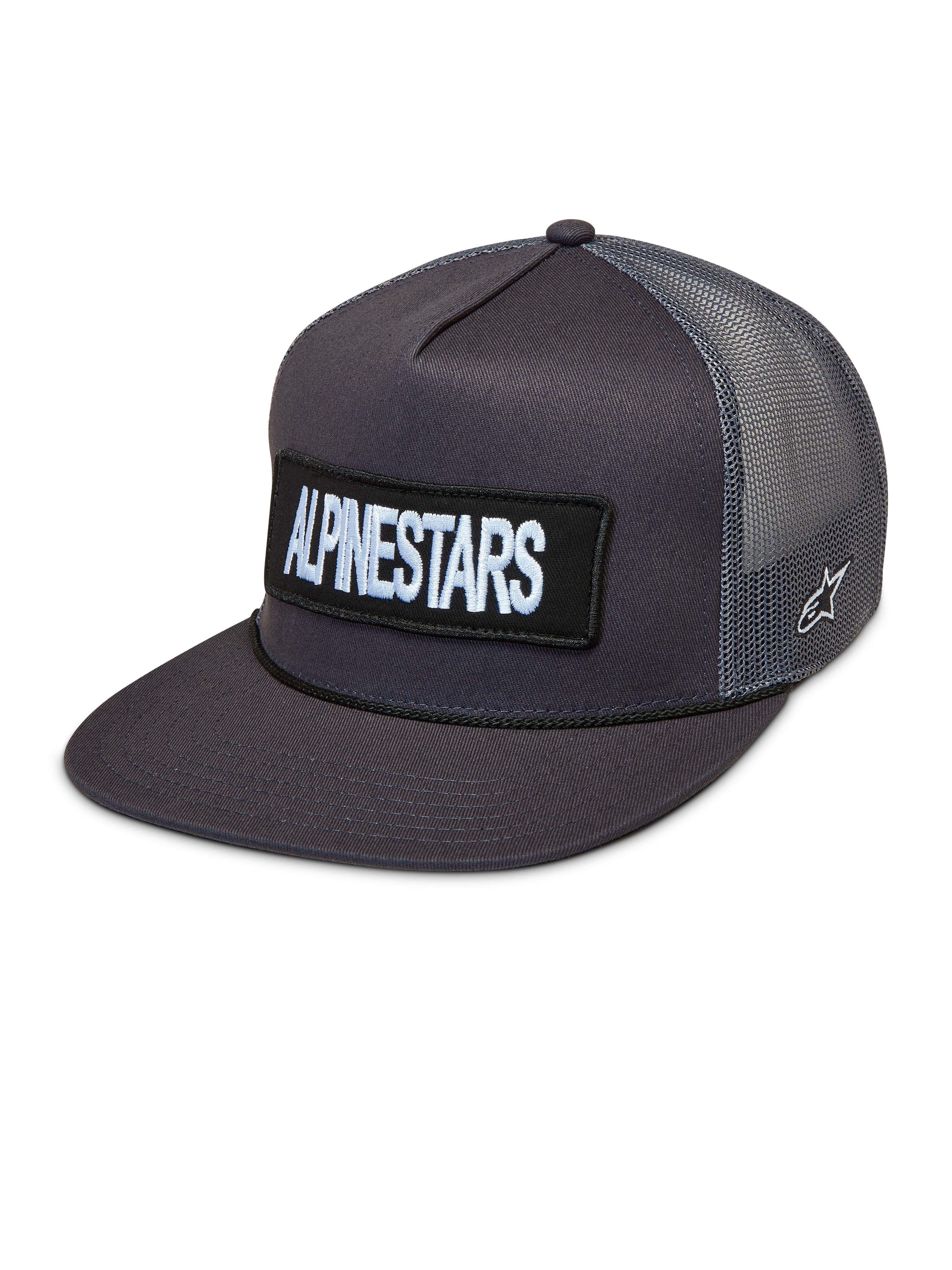 Alpinestars Ten Trucker kasket, mørkegrå med flad skygge, broderet logopatch og åndbare mesh-paneler.