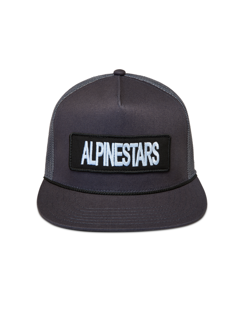 Alpinestars Ten Trucker cap, mørkegrå kasket med struktureret krone, flad skygge og broderet logopatch.