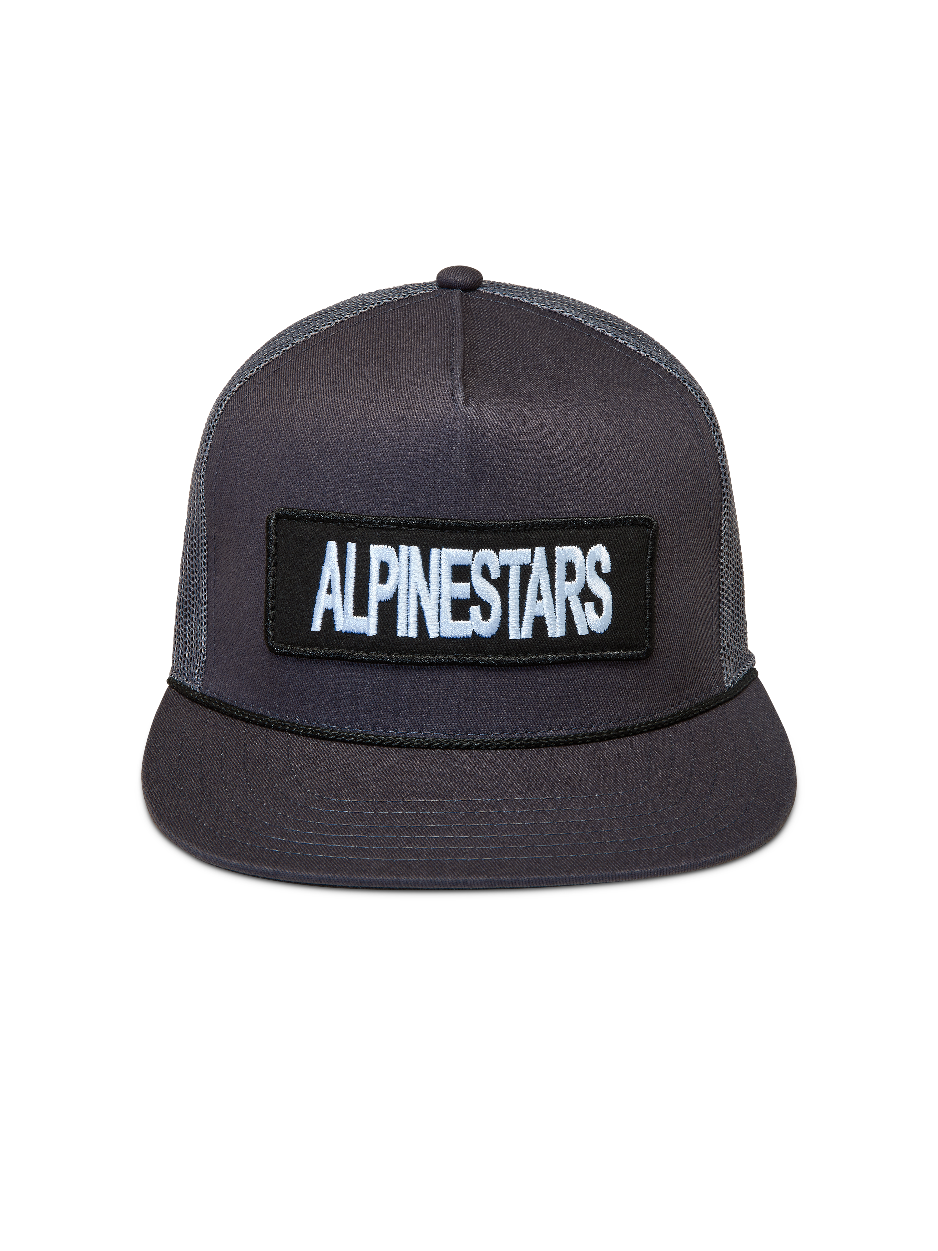 Alpinestars Ten Trucker cap, mørkegrå kasket med struktureret krone, flad skygge og broderet logopatch.