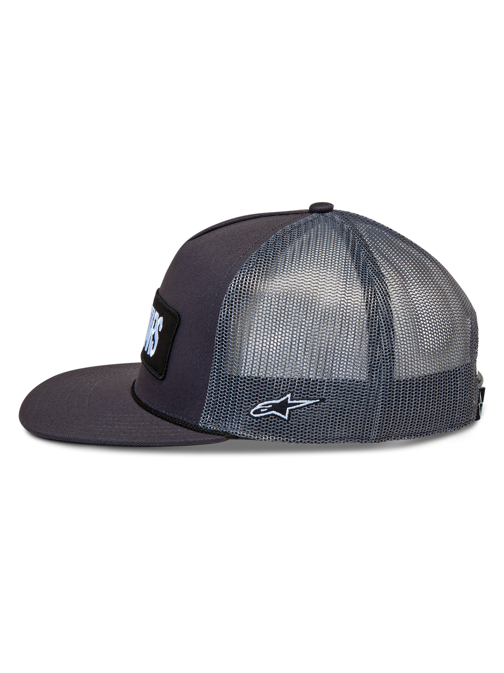 Alpinestars Ten Trucker kasket, mørkegrå kasket med flad skygge, mesh-paneler og broderet Astars-logo.
