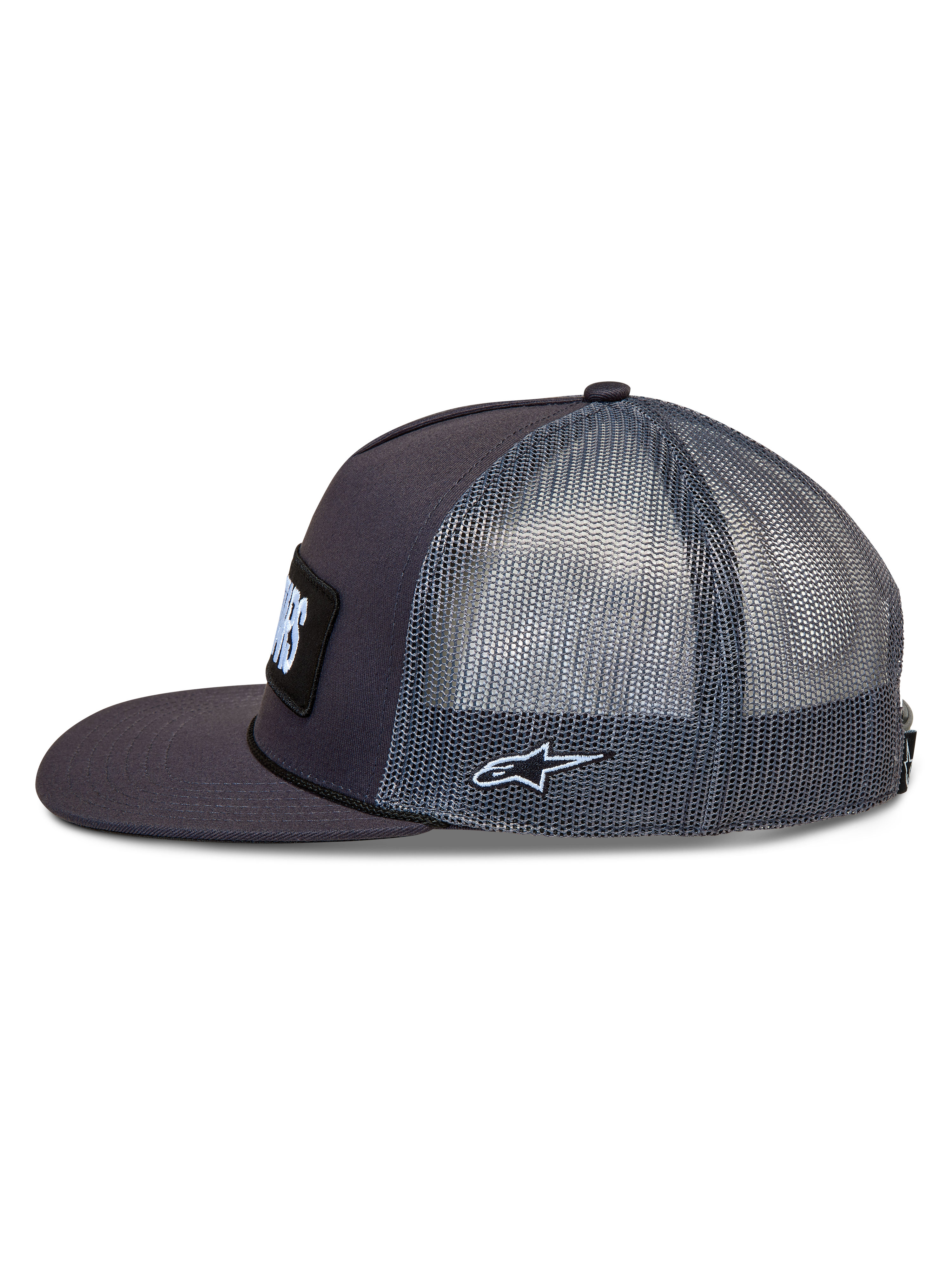 Alpinestars Ten Trucker kasket, mørkegrå kasket med flad skygge, mesh-paneler og broderet Astars-logo.