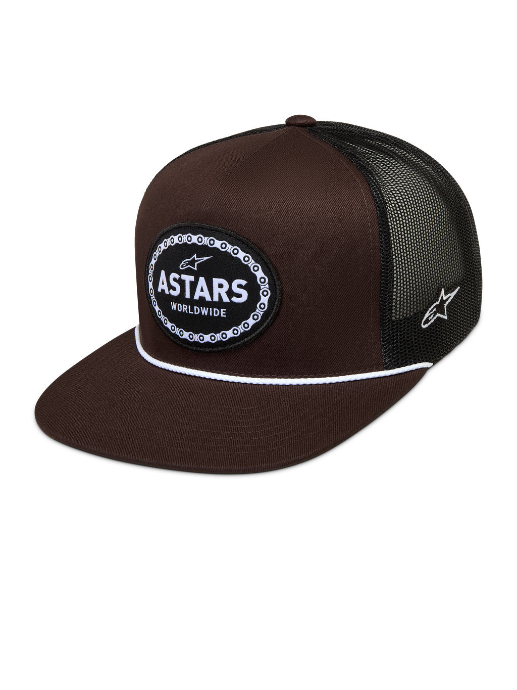 Alpinestars Hotlink Trucker Hat, brun og sort kasket med mesh-bagside, flad skygge og vævet logo med cykelkædekant.