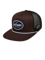 Alpinestars Hotlink Trucker Hat, brun og sort kasket med mesh-bagside, flad skygge og vævet logo med cykelkædekant.