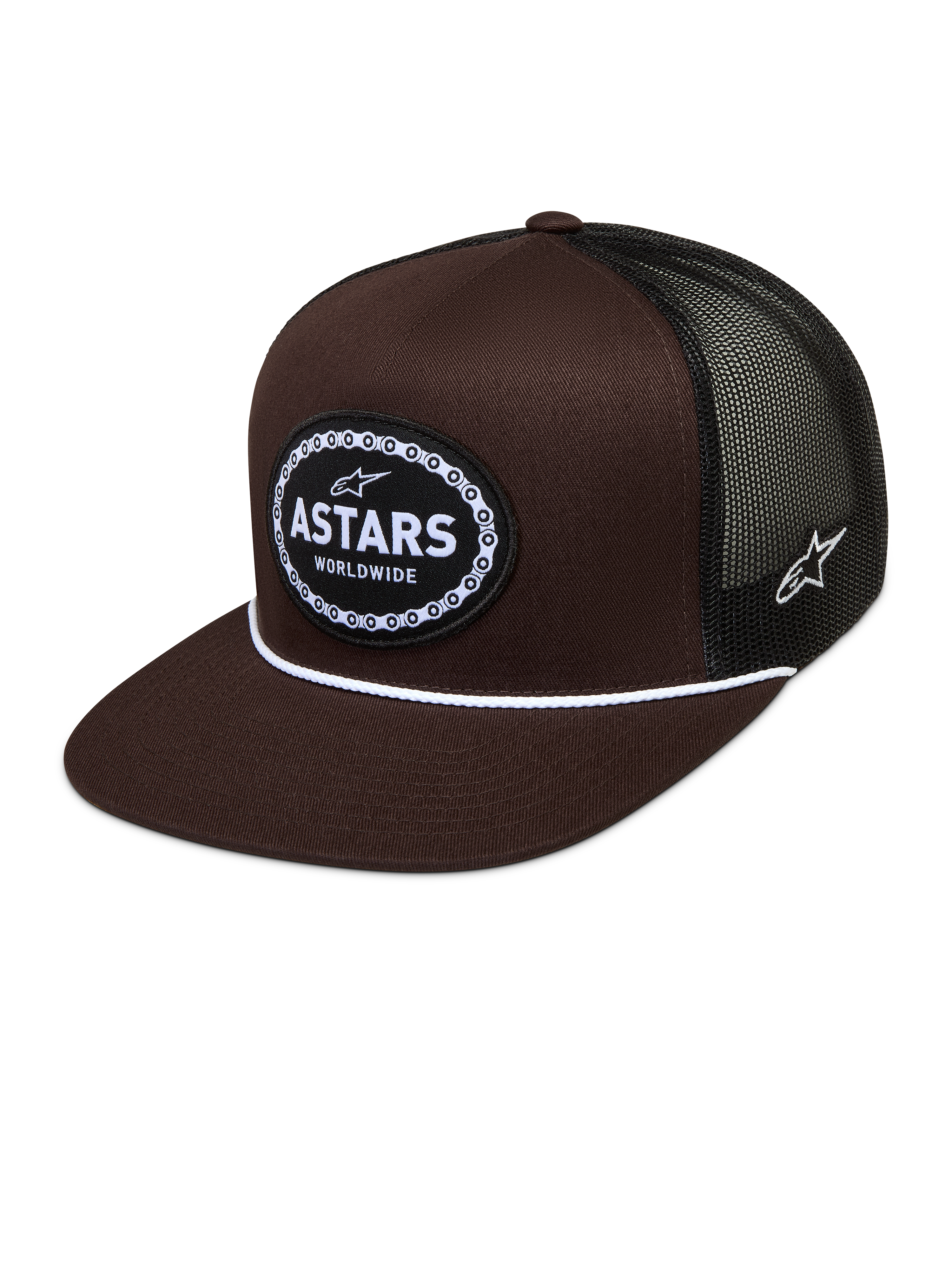 Alpinestars Hotlink Trucker Hat, brun og sort kasket med mesh-bagside, flad skygge og vævet logo med cykelkædekant.