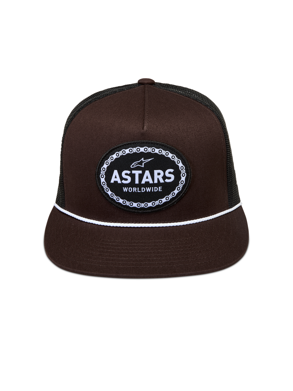 Alpinestars Hotlink Trucker kasket, brun og sort med flad skygge, hvid snor og vævet Astars-logo med cykelkædekant.