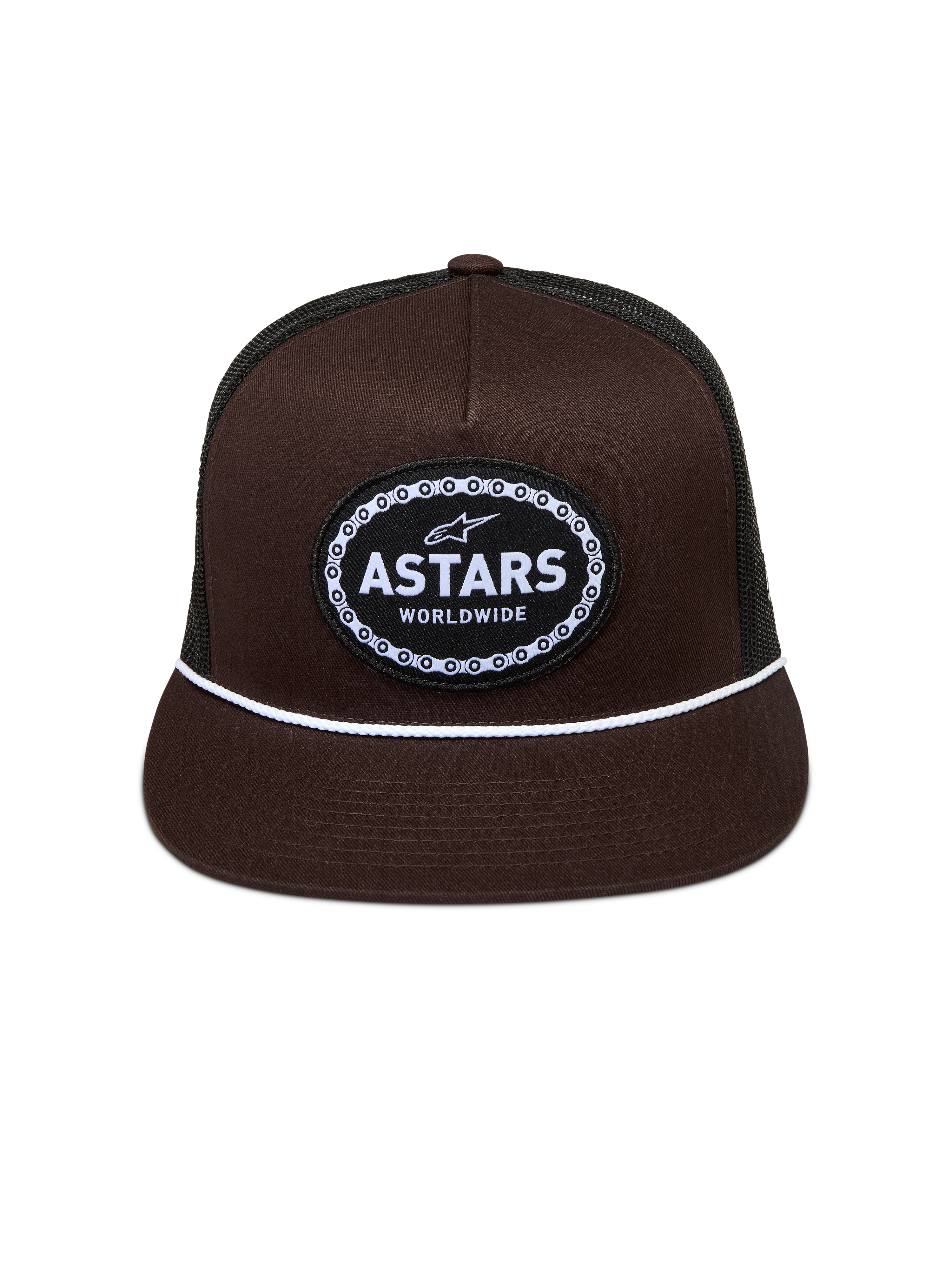 Alpinestars Hotlink Trucker kasket, brun og sort med flad skygge, hvid snor og vævet Astars-logo med cykelkædekant.