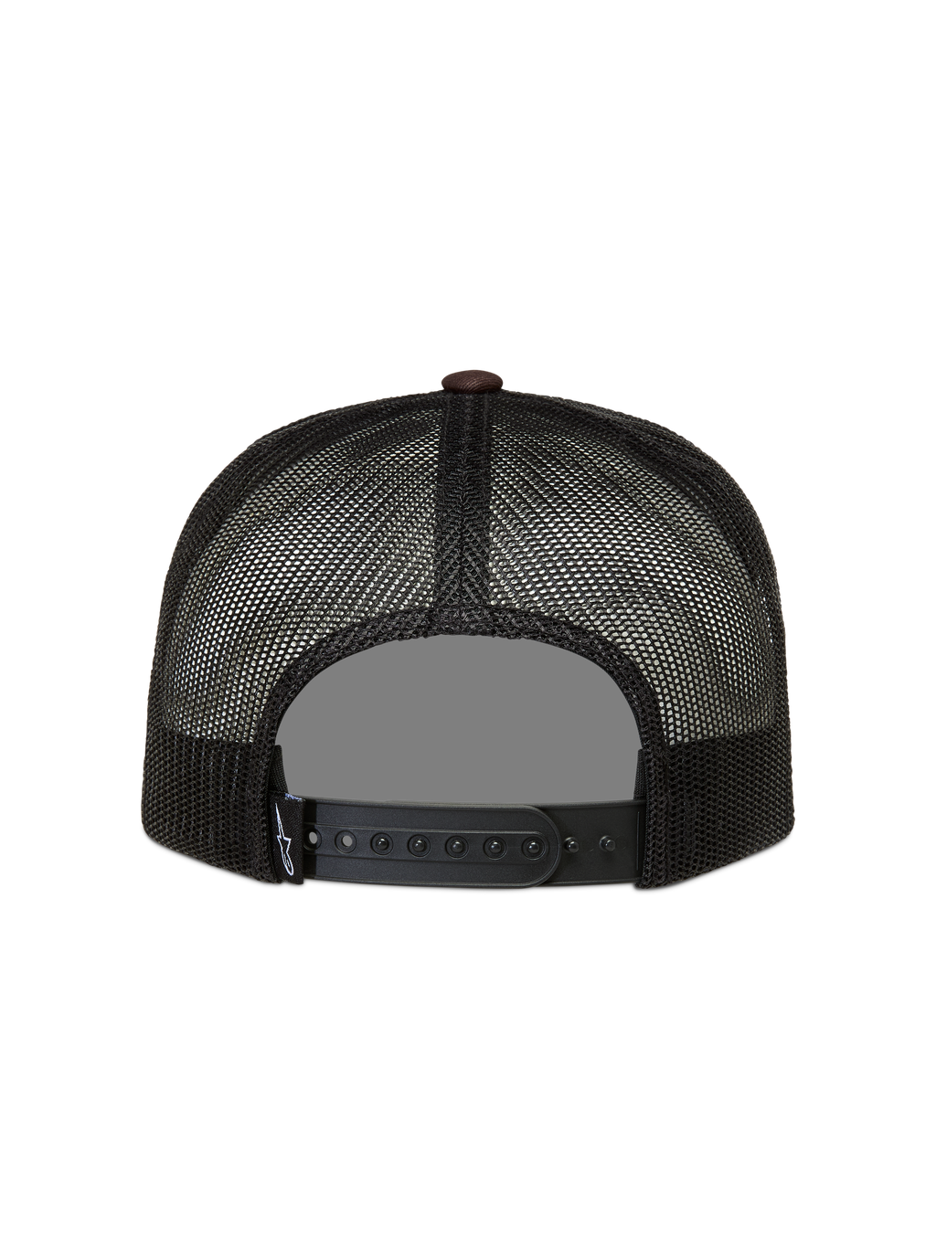 Alpinestars Hotlink Trucker Hat, sort og brun kasket med mesh, set bagfra med justerbar snapback-lukning, motorsport sportstøj.