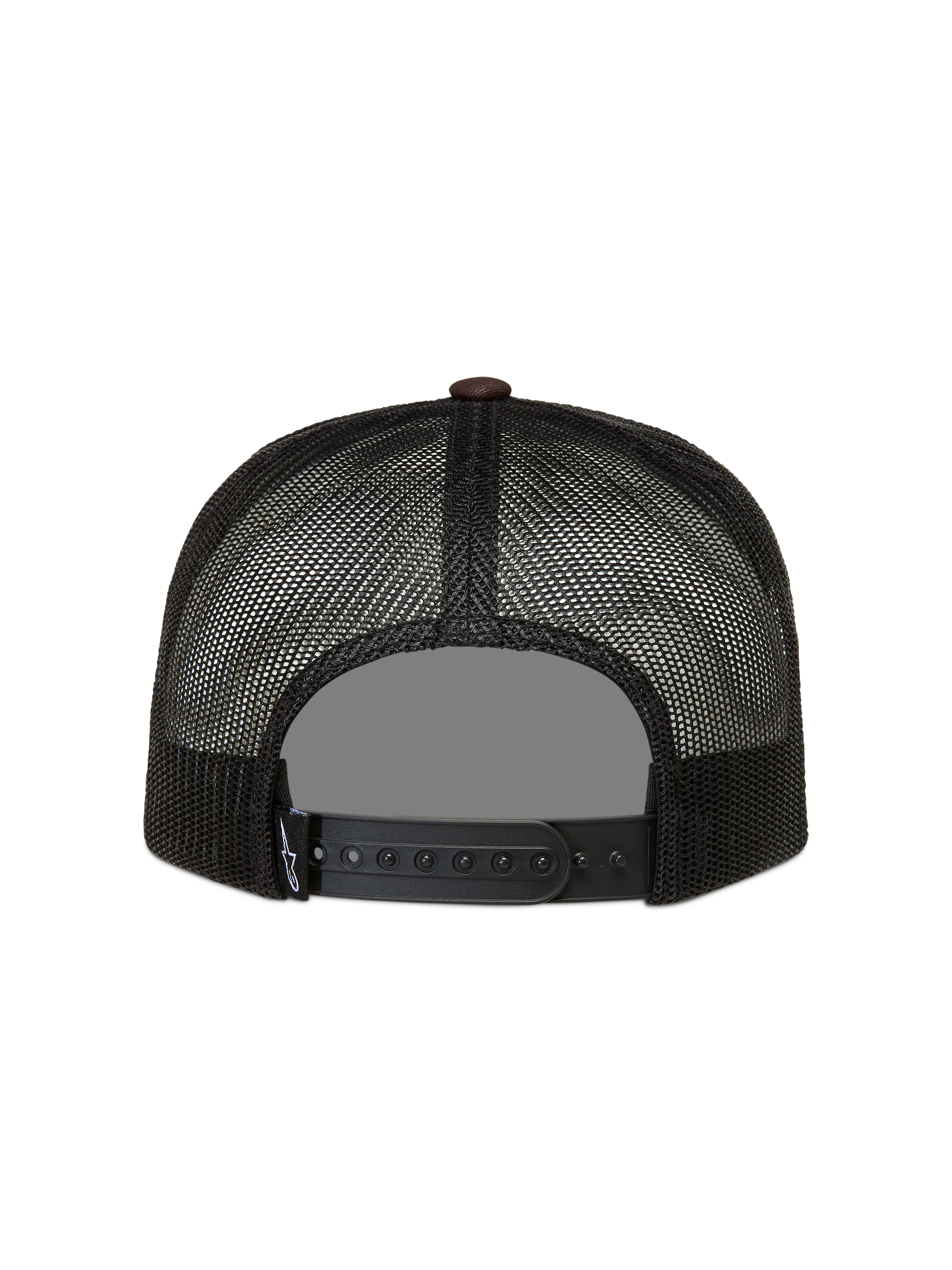 Alpinestars Hotlink Trucker Hat, sort og brun kasket med mesh, set bagfra med justerbar snapback-lukning, motorsport sportstøj.