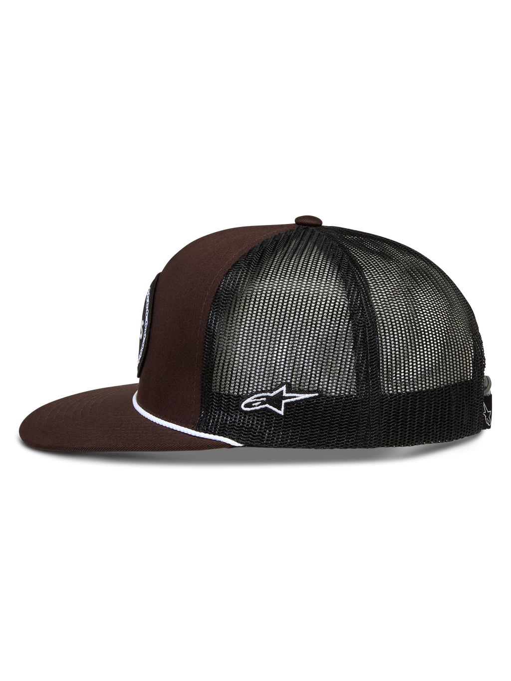 Alpinestars Hotlink Trucker cap, brun og sort sportskasket med flad skygge, hvid snordetalje og mesh-bagside.