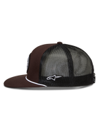 Alpinestars Hotlink Trucker cap, brun og sort sportskasket med flad skygge, hvid snordetalje og mesh-bagside.