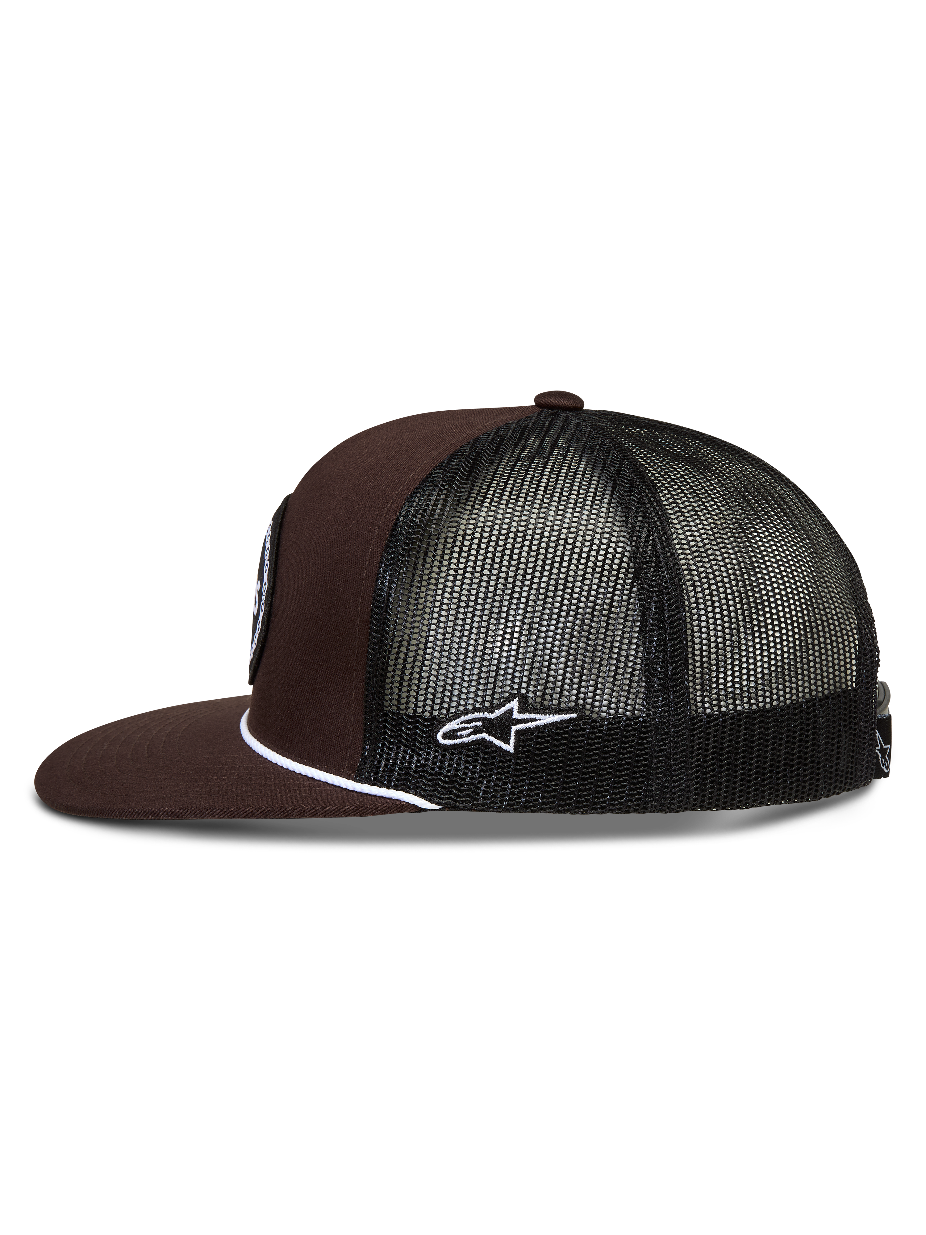 Alpinestars Hotlink Trucker cap, brun og sort sportskasket med flad skygge, hvid snordetalje og mesh-bagside.