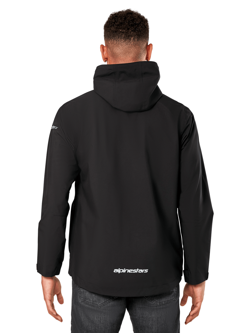 Alpinestars Kascade Rain Jacket, Men's Rain Shell, Black, Rear view showing fixed hood and Alpinestars logo on the lower back, casual waterproof sportswear