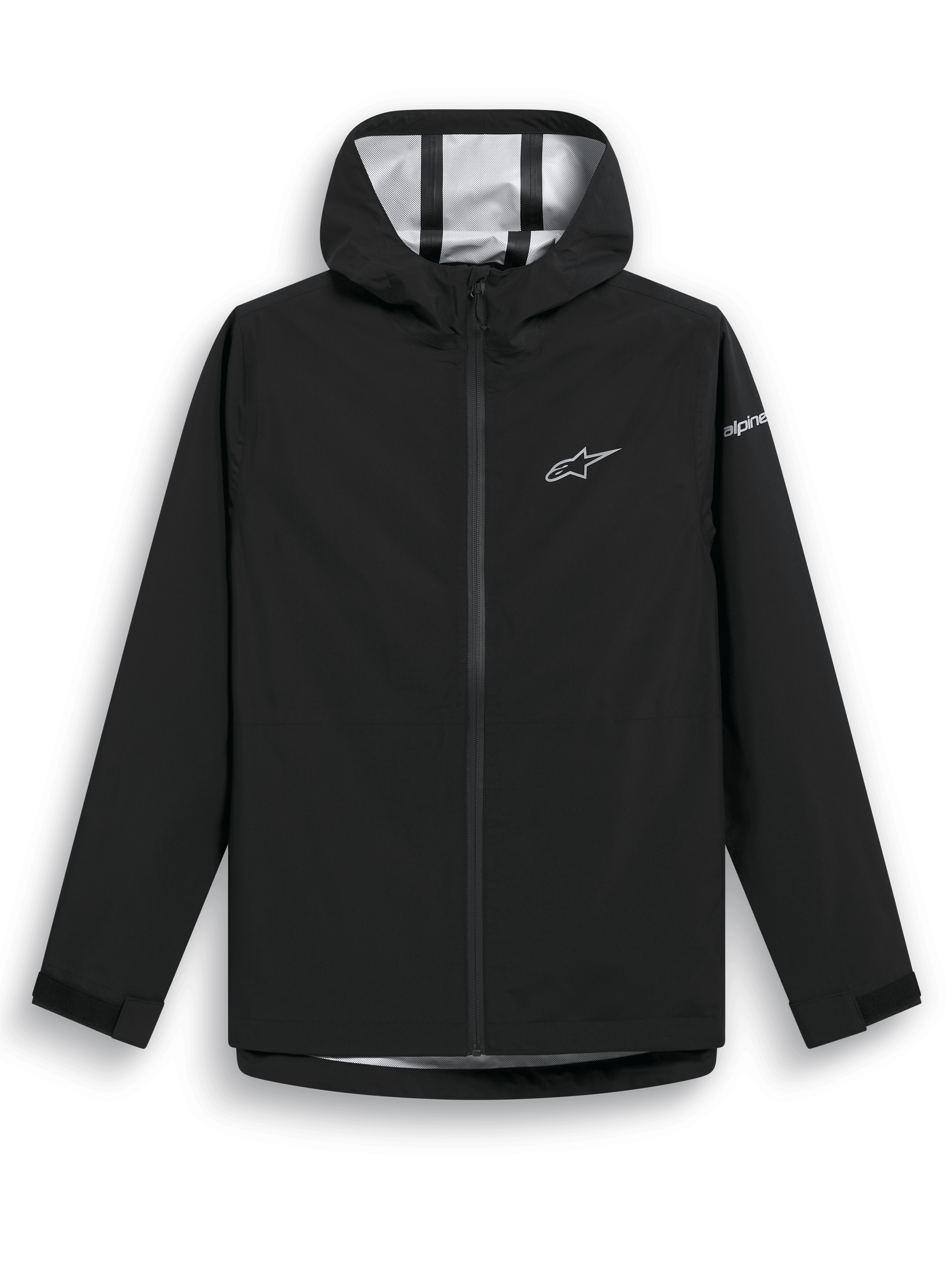 Alpinestars Kascade Rain Jacket, Black rain shell jacket, water-resistant 2.5L fabric with taped seams, fixed hood, coated reverse coil front zipper, Velcro cuff tabs, white Alpinestars star logo on chest and sleeve branding, casual wet-weather gear