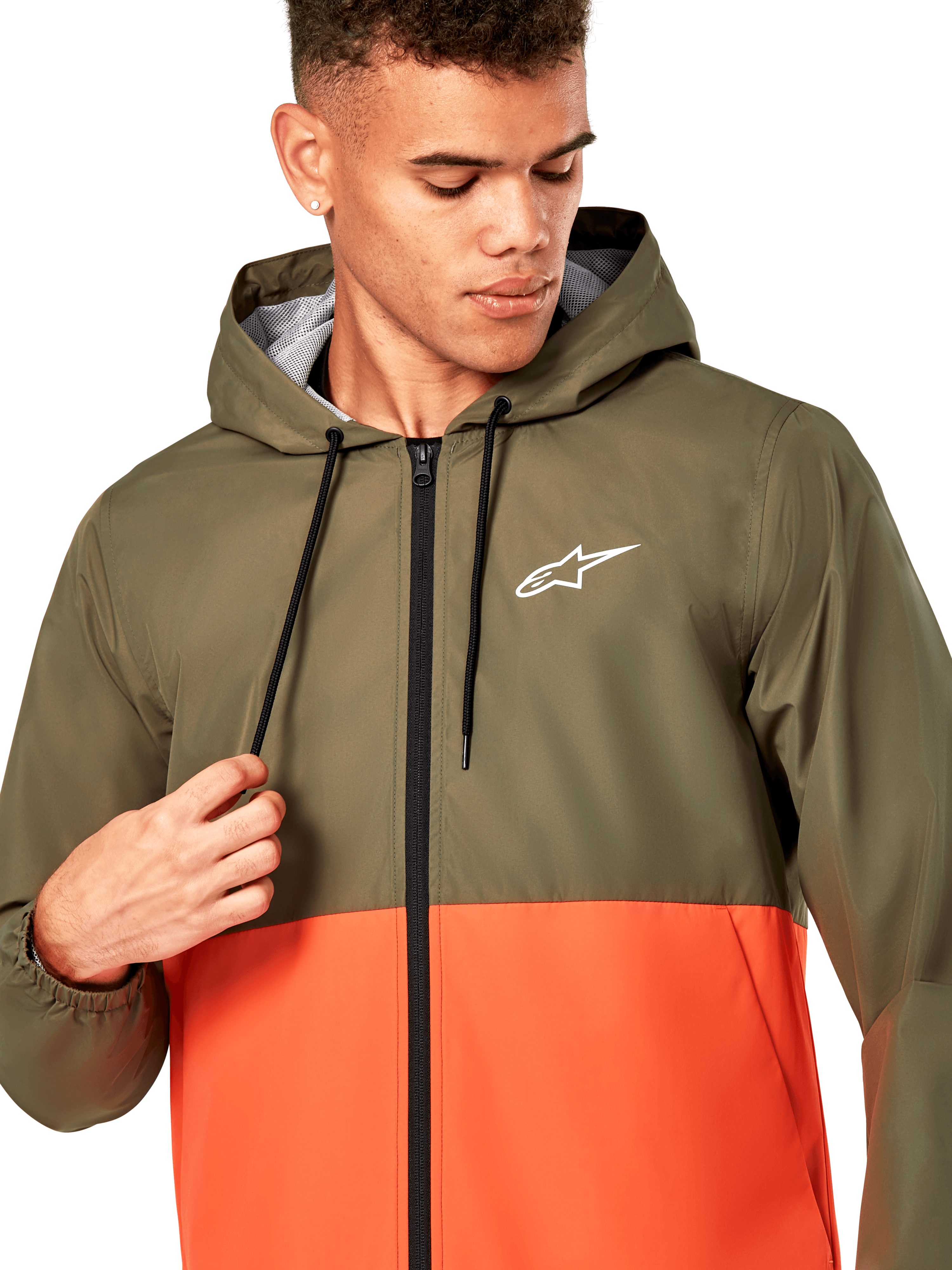 Alpinestars Speeder Windbreaker Jacket, lightweight hooded windbreaker, olive green and military orange colorblock design, white Alpinestars logo on the chest, black zipper and drawstrings, casual motorsport-inspired sportswear