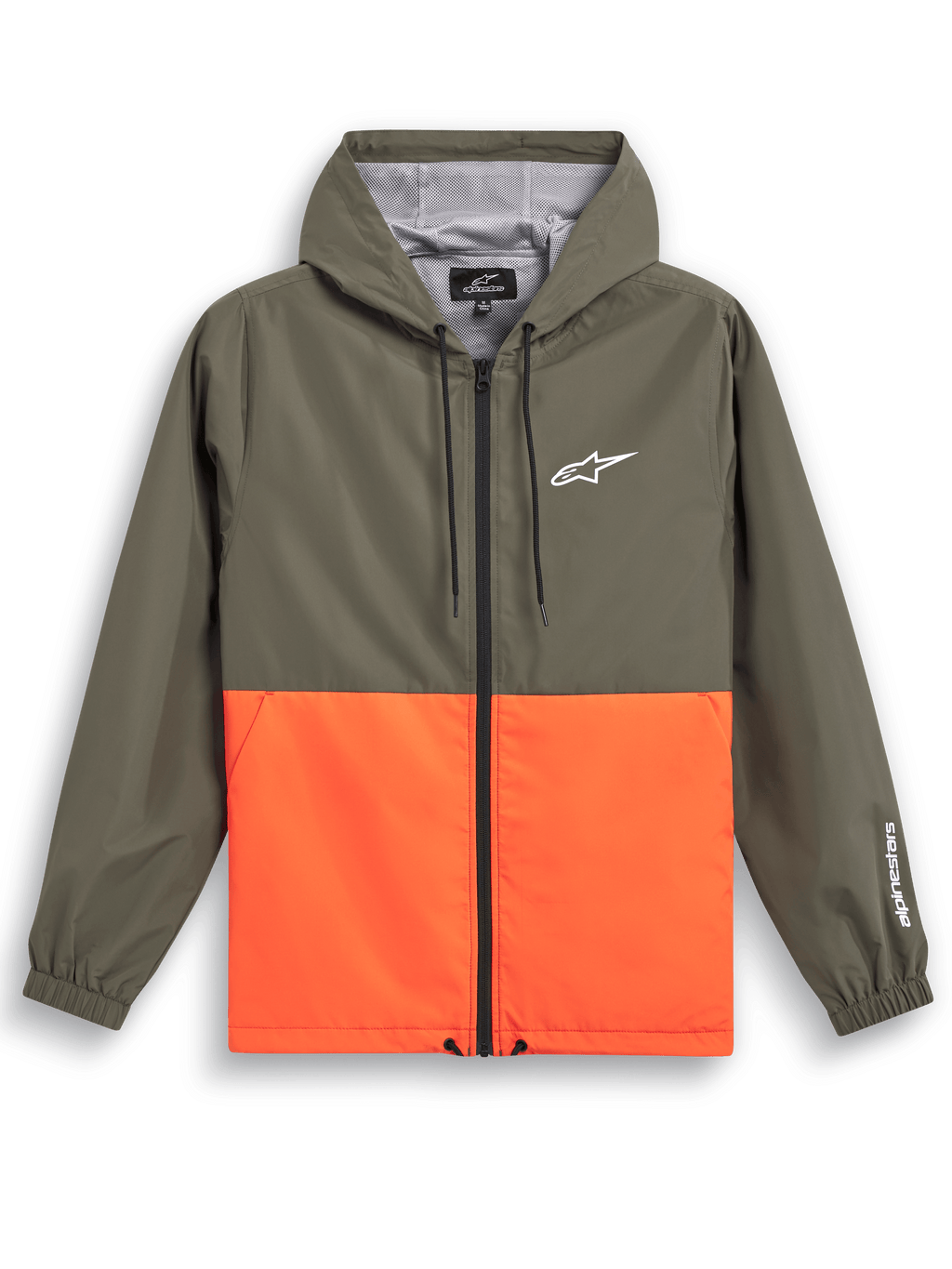 Alpinestars Speeder Windbreaker Jacket, casual sportswear, olive green and vibrant orange color block design, white Astars logo on chest and sleeve, hooded with mesh lining, adjustable drawcords, elastic cuffs