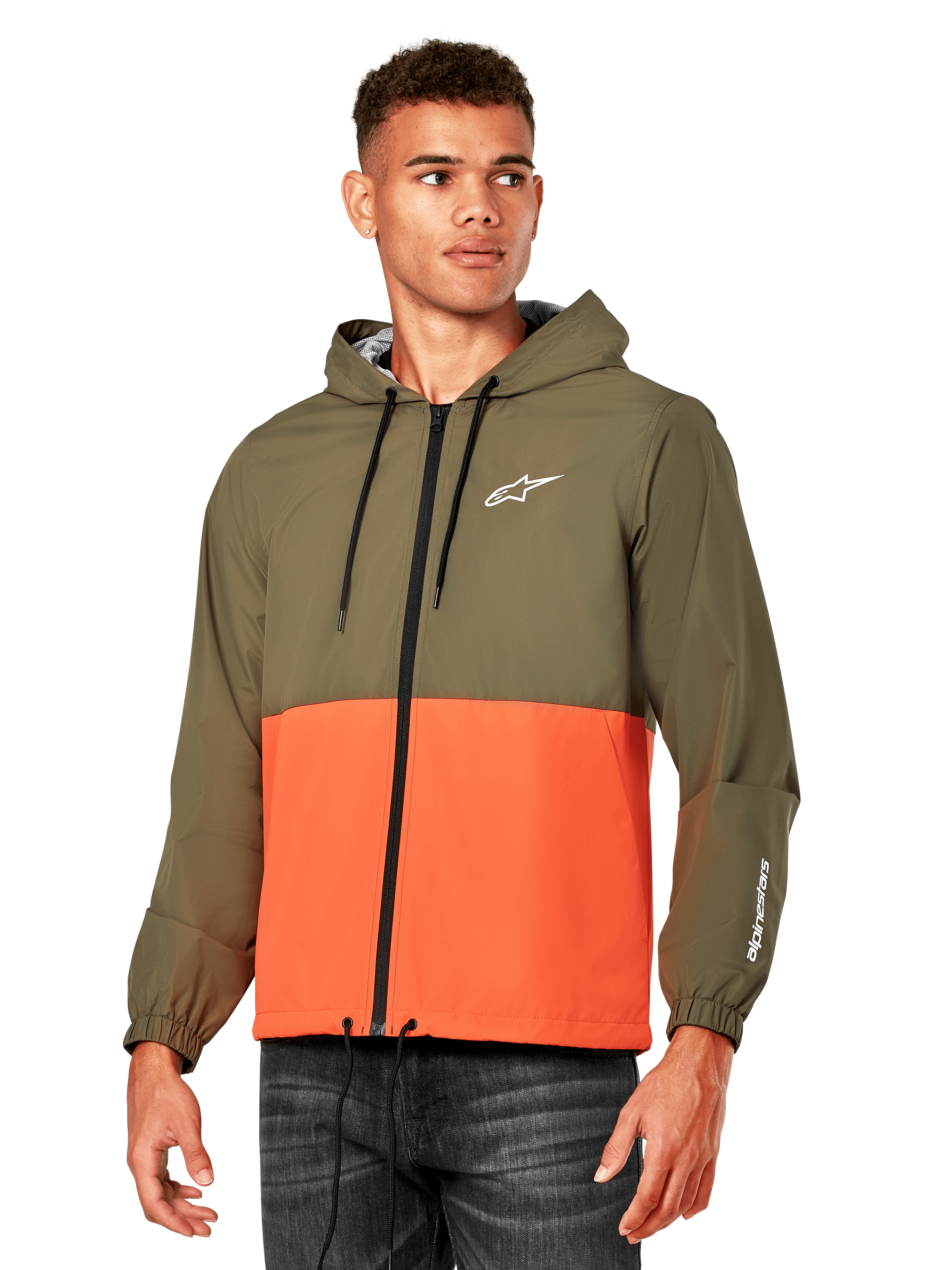 Alpinestars Speeder Windbreaker Jacket, lightweight hooded windbreaker, Military Orange and Olive Green, color-blocked design with white logo on chest and sleeve, casual motorsport-inspired outerwear
