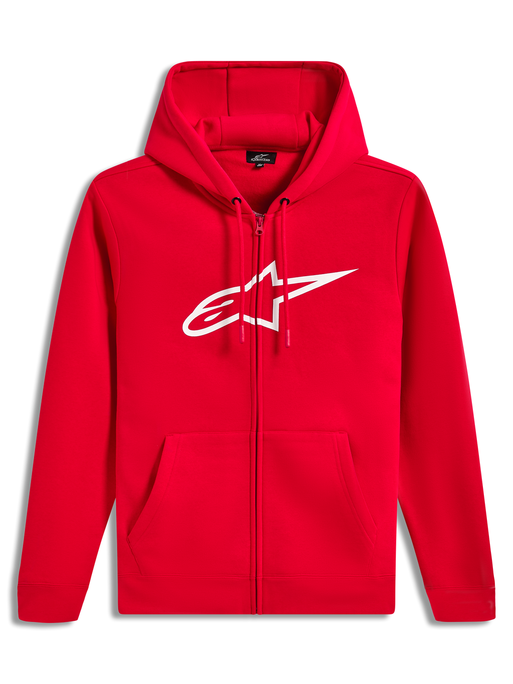 Alpinestars Ageless Zip V3 Hoodie, rød hættetrøje med hvidt logo og lynlås, afslappet sportstøj i fleece.