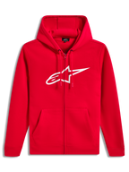 Alpinestars Ageless Zip V3 Hoodie, rød hættetrøje med hvidt logo og lynlås, afslappet sportstøj i fleece.