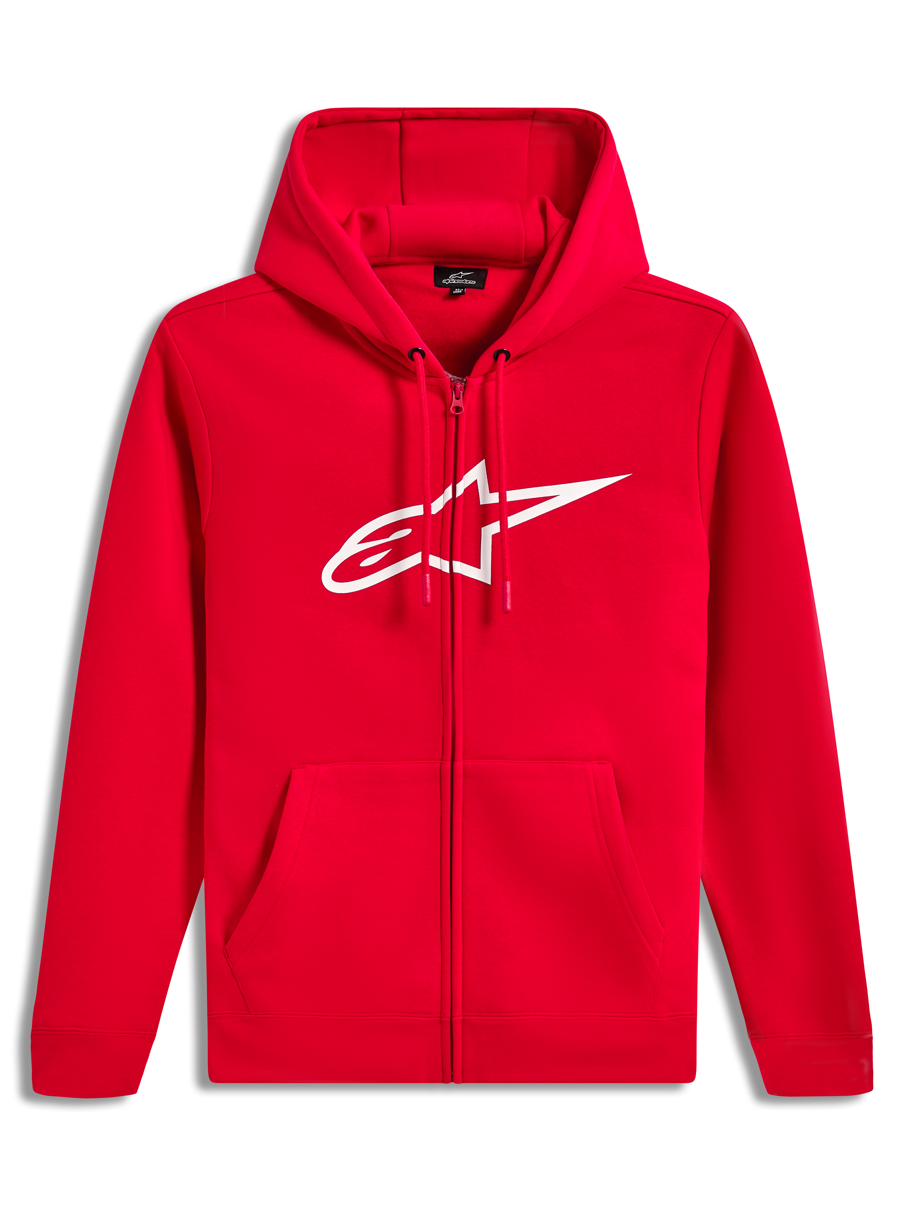 Alpinestars Ageless Zip V3 Hoodie, rød hættetrøje med hvidt logo og lynlås, afslappet sportstøj i fleece.