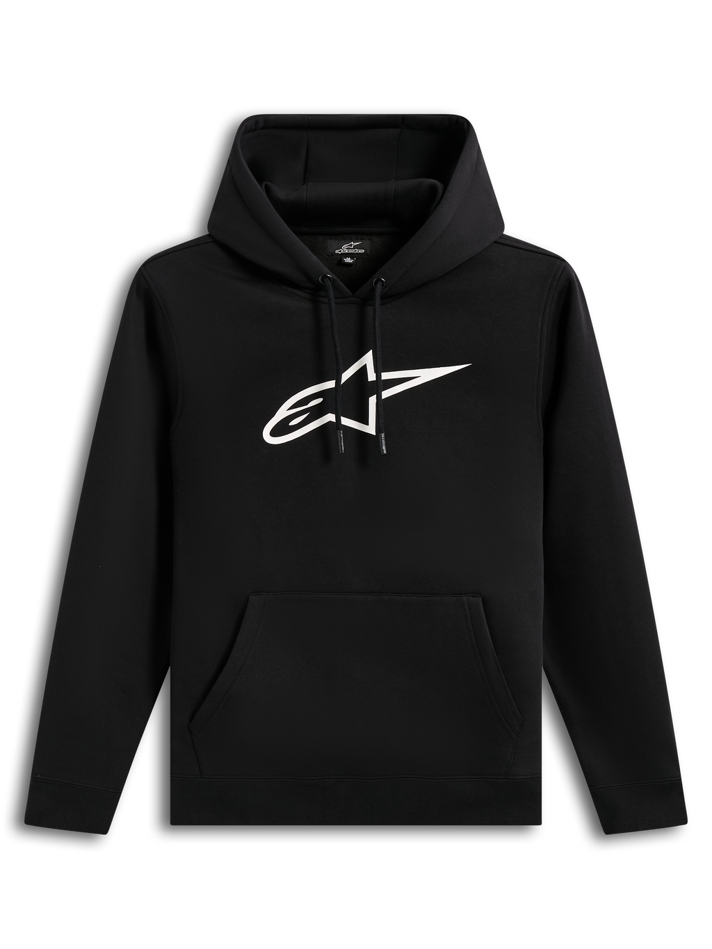 Alpinestars Ageless V3 Hoodie, sort hættetrøje i fleece med hvidt broderet logo og kængurulomme, afslappet sportstøj
