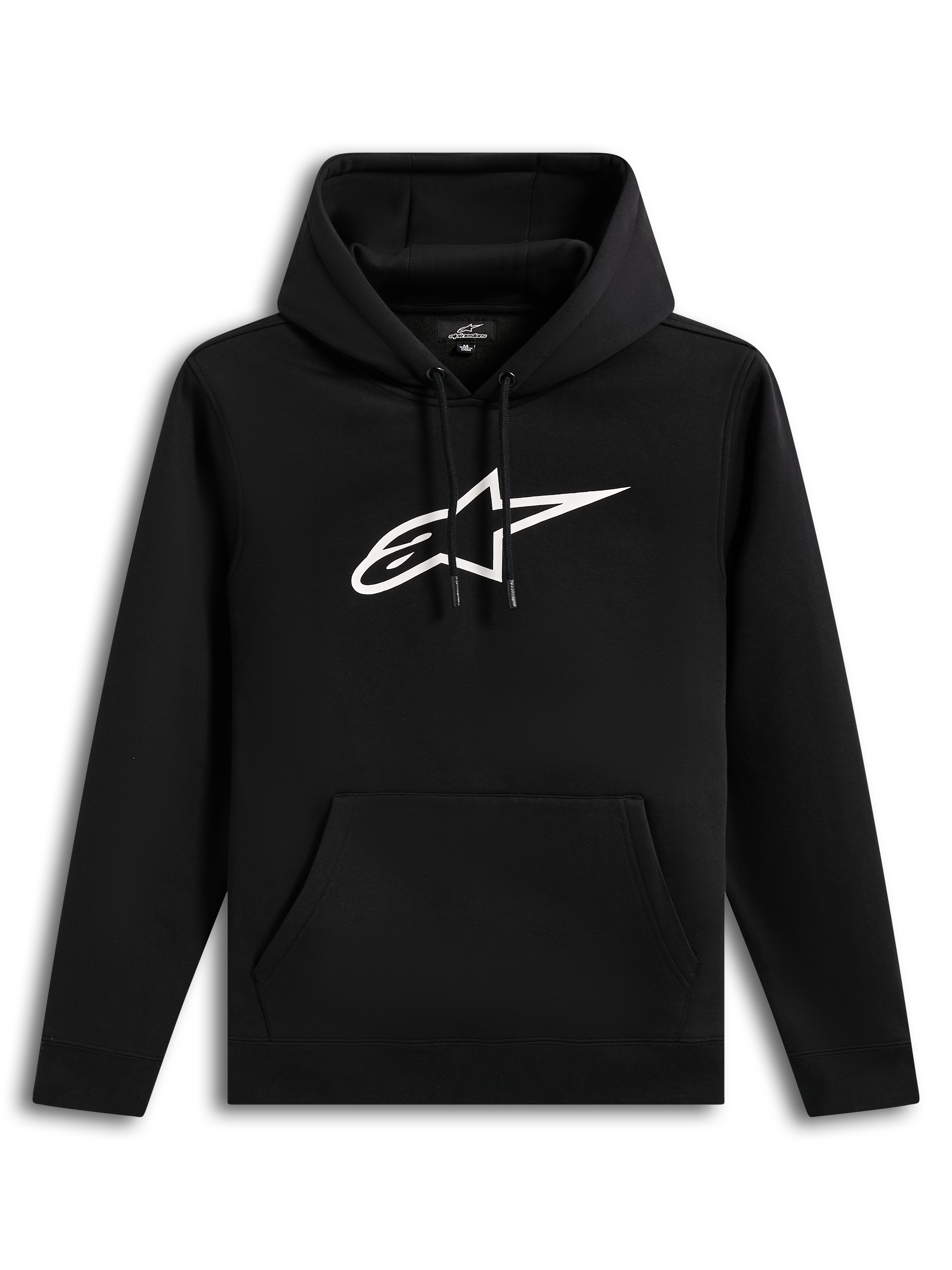 Alpinestars Ageless V3 Hoodie, sort hættetrøje i fleece med hvidt broderet logo og kængurulomme, afslappet sportstøj