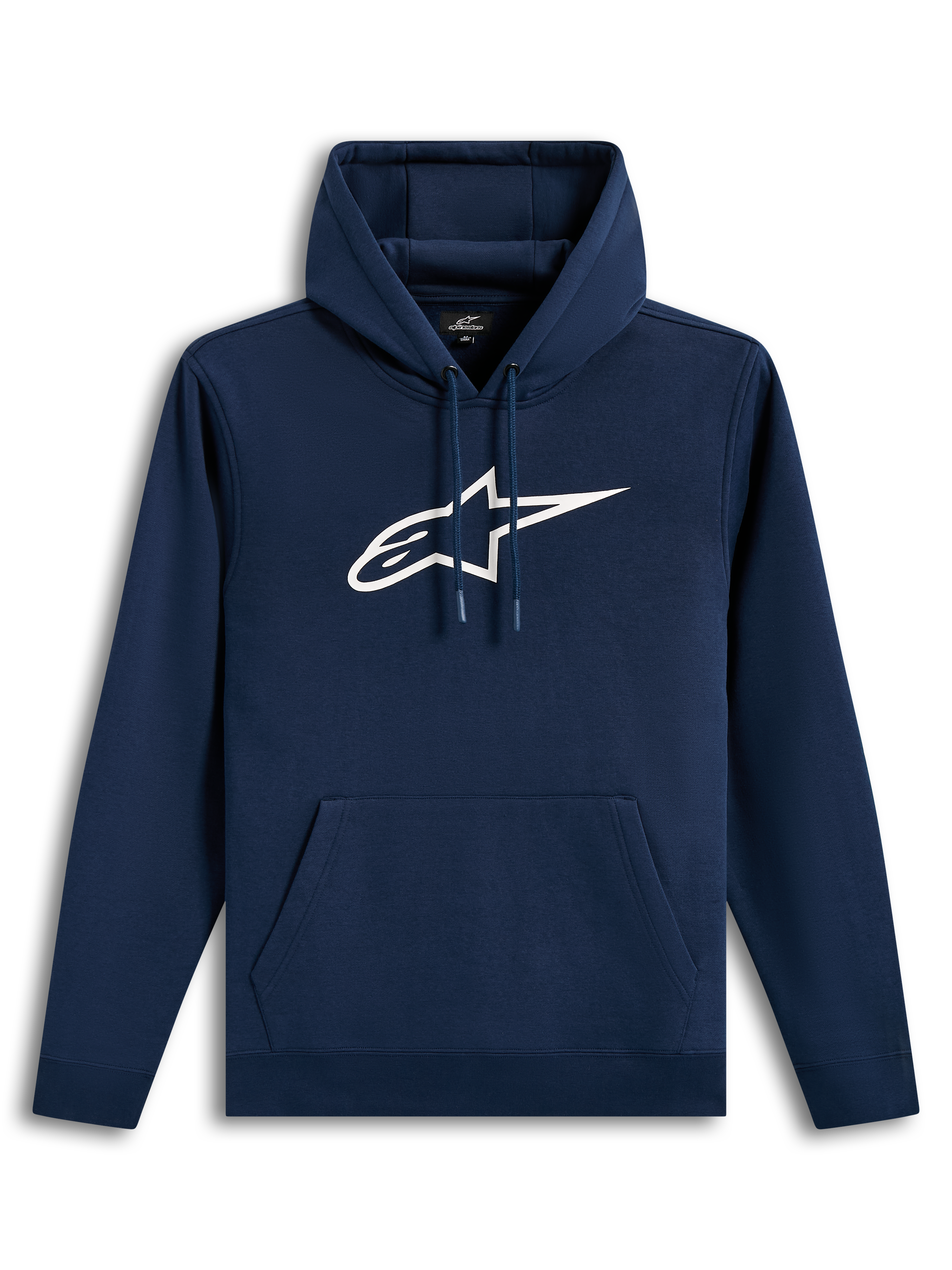 Alpinestars Ageless V3 Hoodie, mørkeblå og hvid hættetrøje i fleece med broderet logo, afslappet motorsport sportstøj