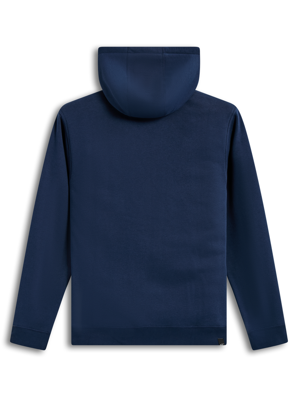 Alpinestars Ageless V3 Hoodie, mørkeblå fleecehættetrøje set bagfra med hætte og ribkant, afslappet motorsport sportstøj.