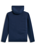 Alpinestars Ageless V3 Hoodie, mørkeblå fleecehættetrøje set bagfra med hætte og ribkant, afslappet motorsport sportstøj.