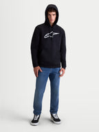 Alpinestars Ageless V3 hættetrøje, herre pullover-hættetrøje, sort og hvid, med hvidt broderet logo på brystet, premium fleece, afslappet motorsport sportstøj.