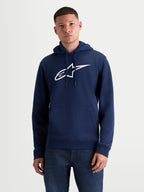 Alpinestars Ageless V3 hættetrøje, pullover fleece sportstøj til mænd og kvinder, navy og hvid, med et stort broderet Alpinestars-logo, justerbar hætte med snøre og kængurolomme.