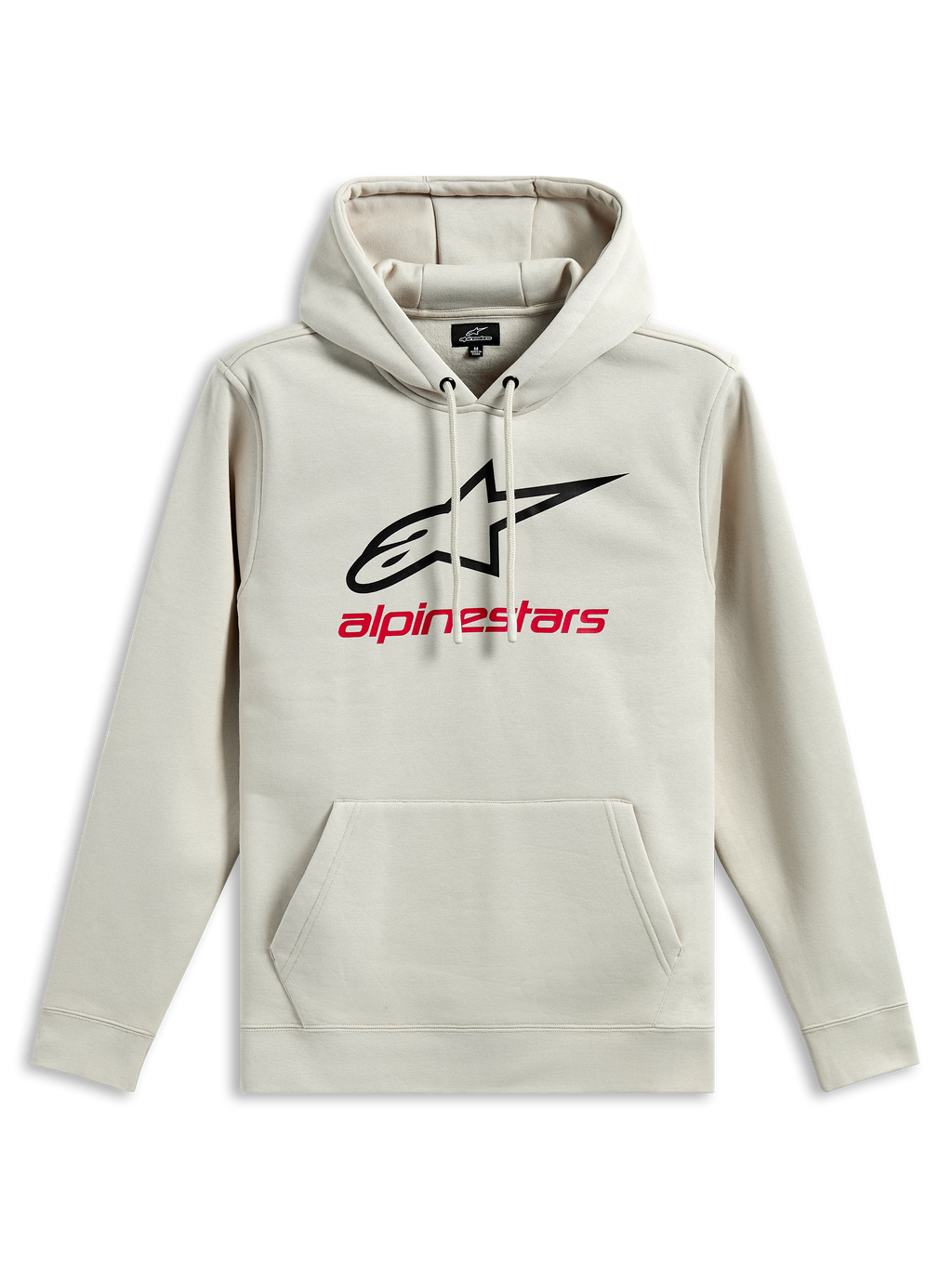 Alpinestars Always V3 Hoodie, hættetrøje i fleece, råhvid, sort stjernelogo og rød Alpinestars-tekst på brystet, kængurulomme, hætte med snoretræk, afslappet motorsport-inspireret sportstøj