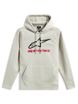 Alpinestars Always V3 Hoodie, hættetrøje i fleece, råhvid, sort stjernelogo og rød Alpinestars-tekst på brystet, kængurulomme, hætte med snoretræk, afslappet motorsport-inspireret sportstøj