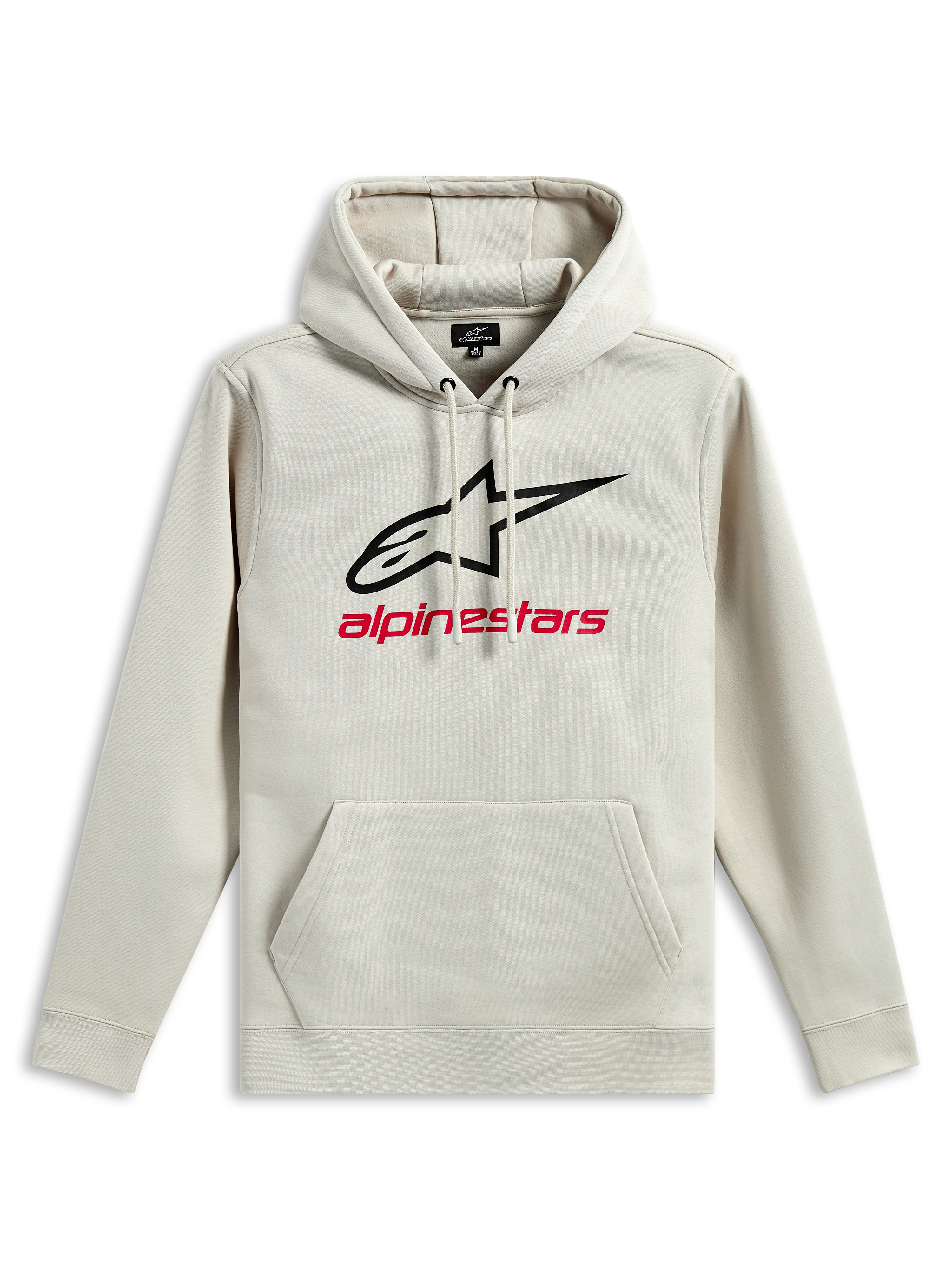 Alpinestars Always V3 Hoodie, hættetrøje i fleece, råhvid, sort stjernelogo og rød Alpinestars-tekst på brystet, kængurulomme, hætte med snoretræk, afslappet motorsport-inspireret sportstøj