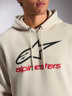 Alpinestars Always V3 Hoodie, casual streetwear, off-white med sort stjernelogo og rød Alpinestars-tekst, hætte med snøre, premium fleece, moderne motorsport-inspireret design