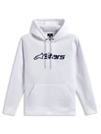 Alpinestars Blaze V3 hættetrøje, pullover fleece-sweatshirt, hvid med mørkeblåt logoprint på fronten, jersey-foret hætte med snøre og kængurulomme, afslappet motorsport-inspireret streetwear