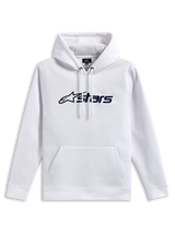 Alpinestars Blaze V3 hættetrøje, pullover fleece-sweatshirt, hvid med mørkeblåt logoprint på fronten, jersey-foret hætte med snøre og kængurulomme, afslappet motorsport-inspireret streetwear