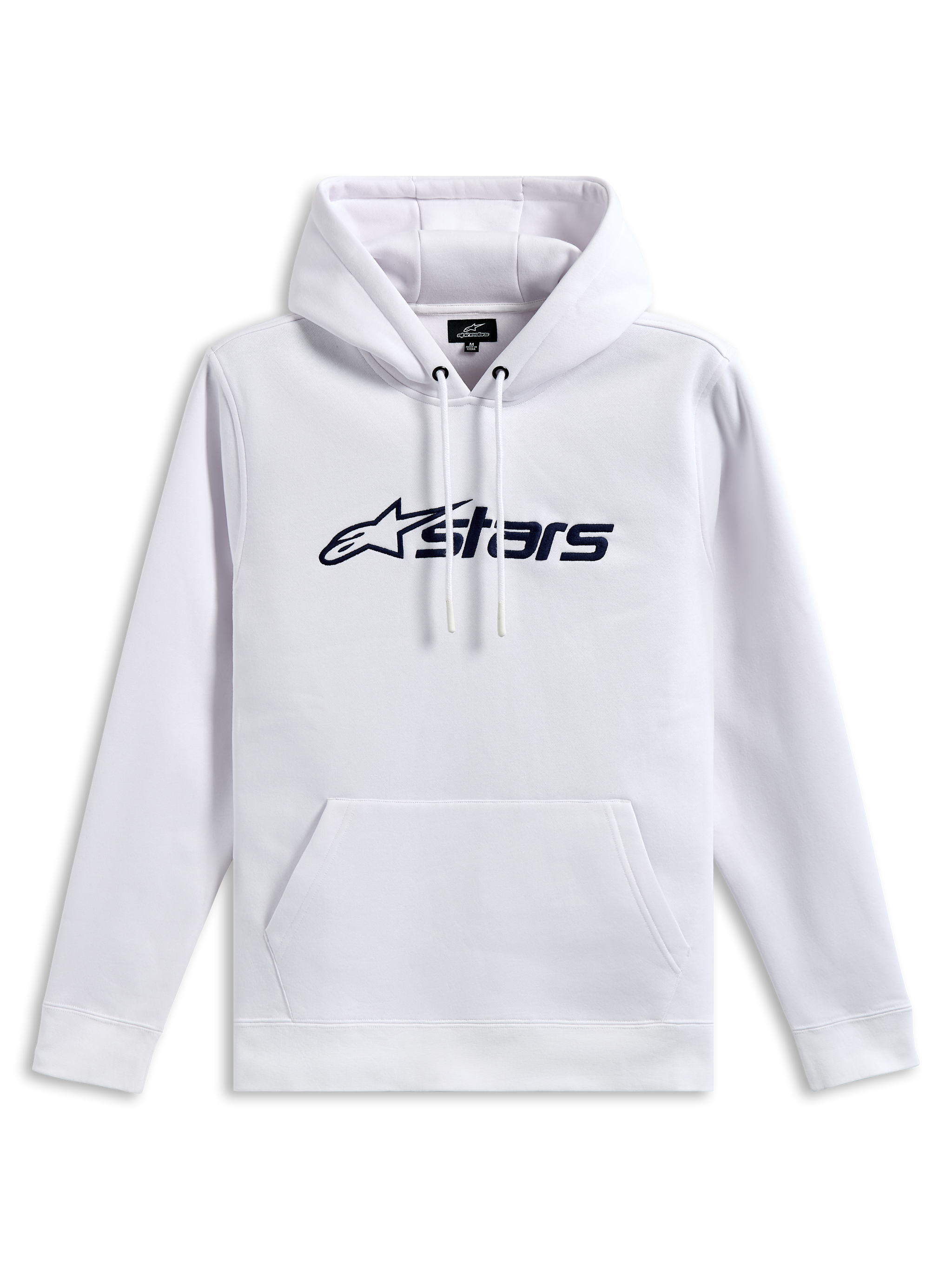 Alpinestars Blaze V3 hættetrøje, pullover fleece-sweatshirt, hvid med mørkeblåt logoprint på fronten, jersey-foret hætte med snøre og kængurulomme, afslappet motorsport-inspireret streetwear